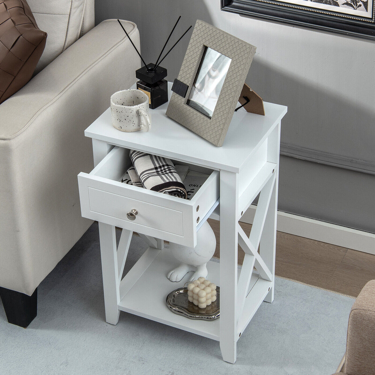 Storage End Bedside Drawer Nightstand w/ Bottom Shelf-White-End & Side Tables-DECOROLALA