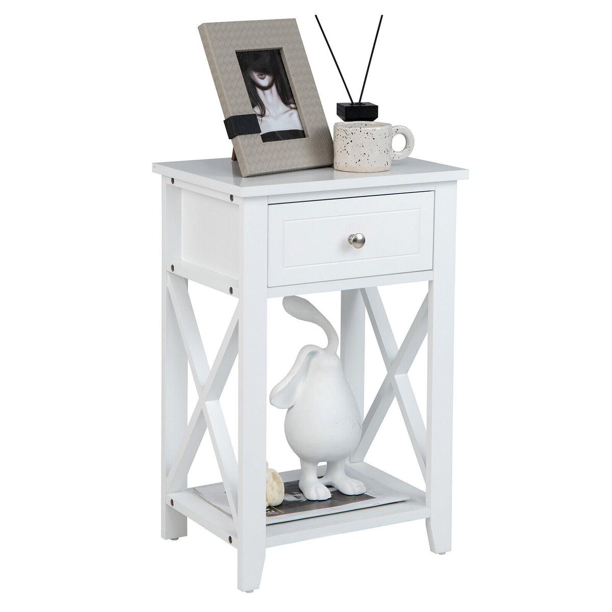 Storage End Bedside Drawer Nightstand w/ Bottom Shelf-White-End & Side Tables-DECOROLALA