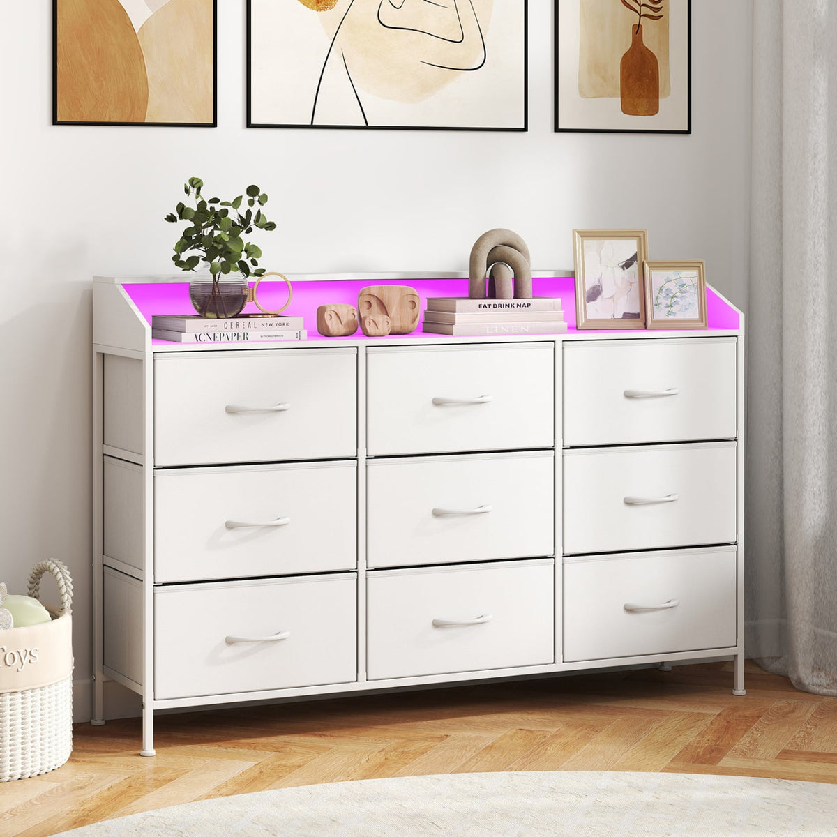 Storage Organizer with LED Lights 9 Fabric Drawers - White (min order qty 2)-Dressers & Chests-DECOROLALA