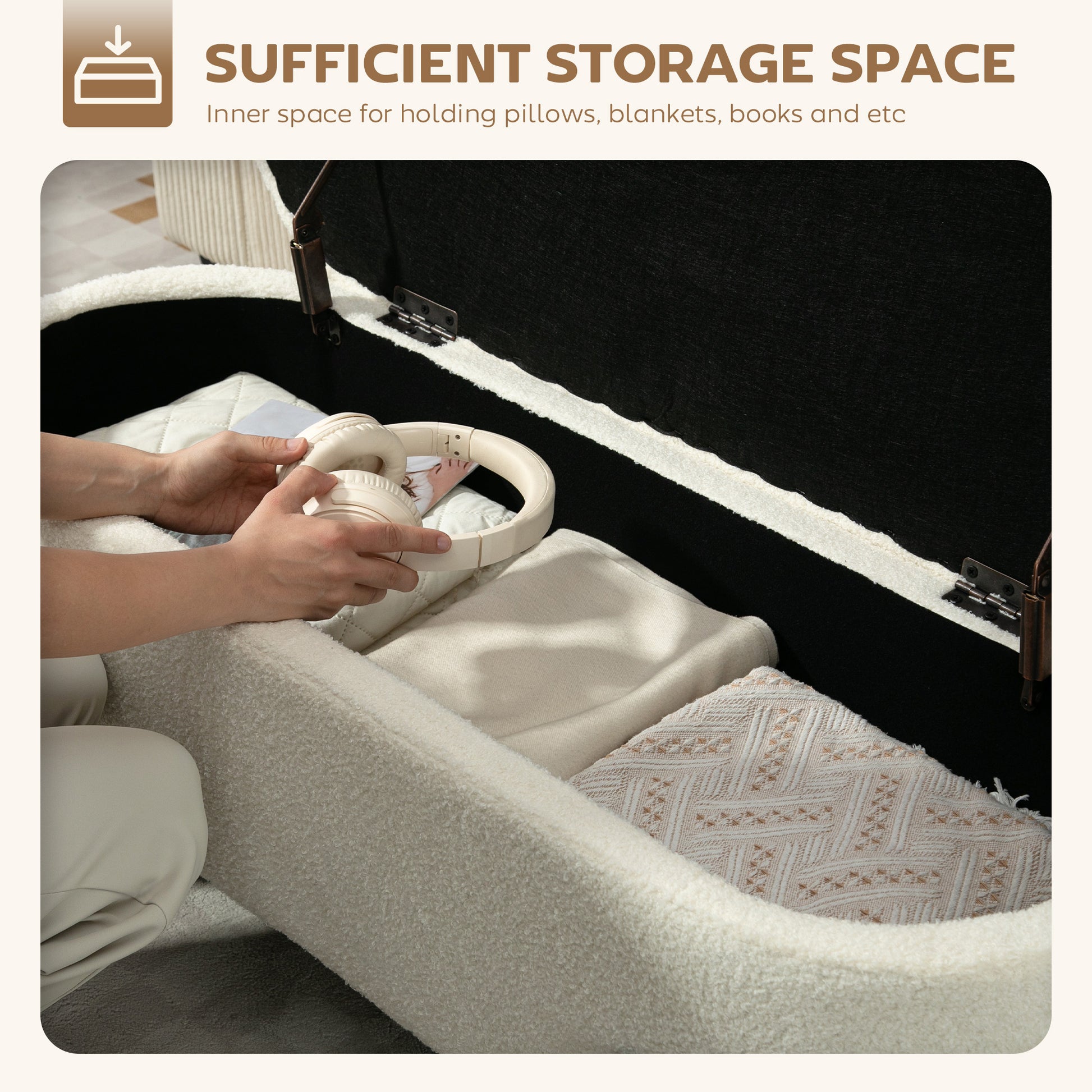 Storage Ottoman 45" Sherpa Fleece Cream White-DECOROLALA