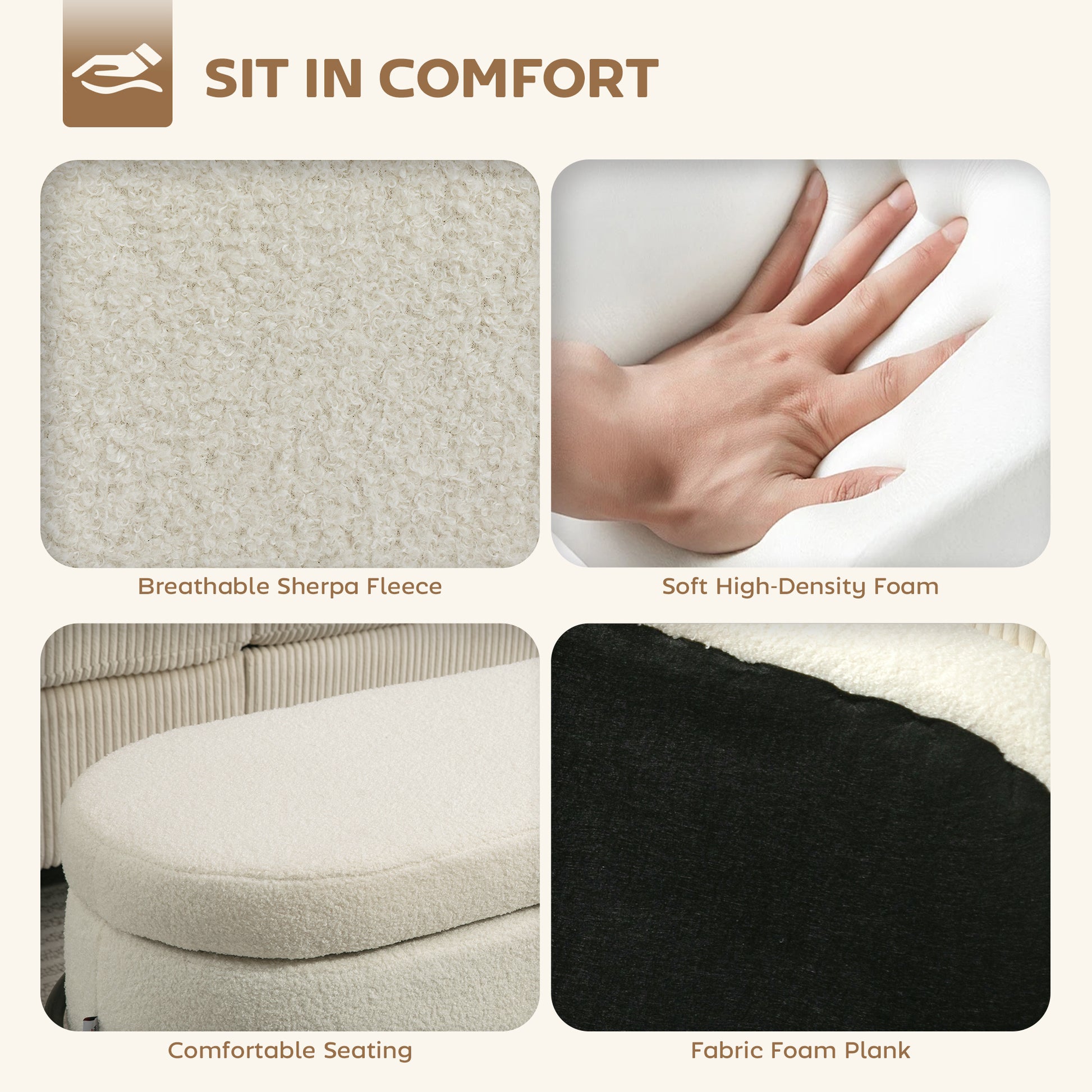 Storage Ottoman 45" Sherpa Fleece Cream White-DECOROLALA