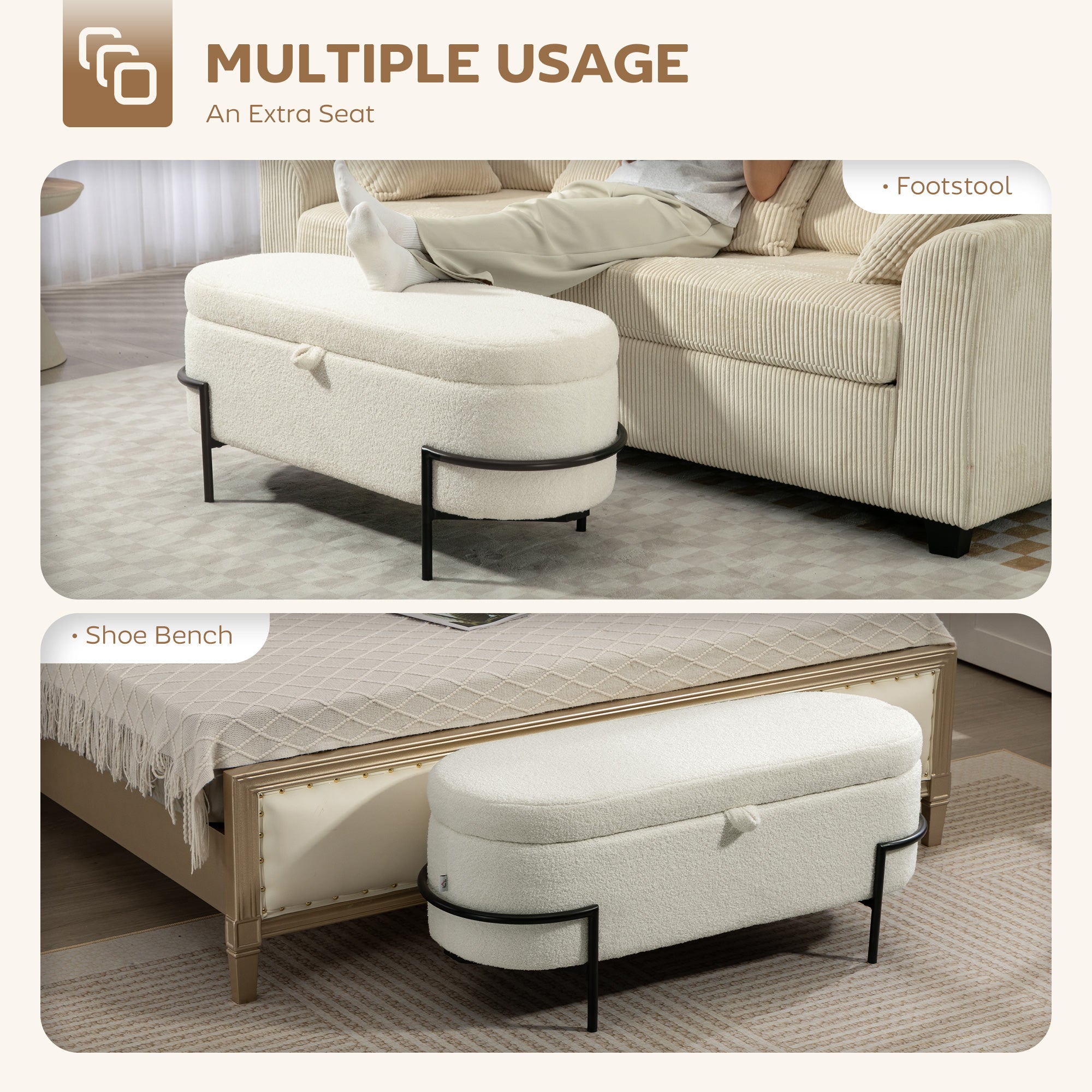 Storage Ottoman 45" Sherpa Fleece Cream White-DECOROLALA