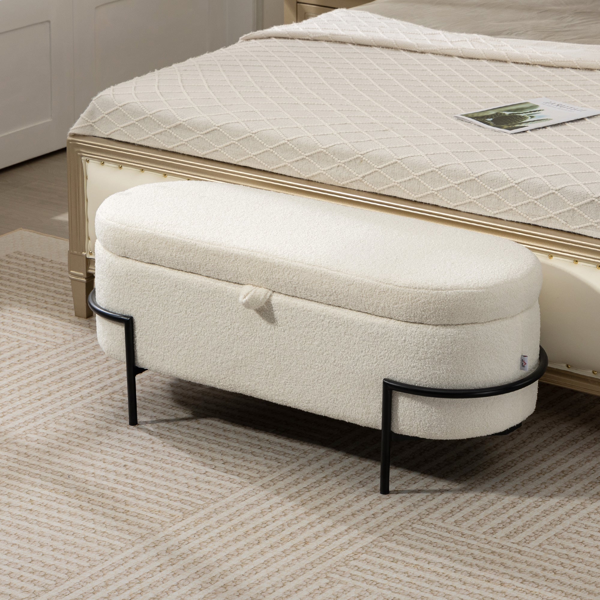 Storage Ottoman 45" Sherpa Fleece Cream White-DECOROLALA