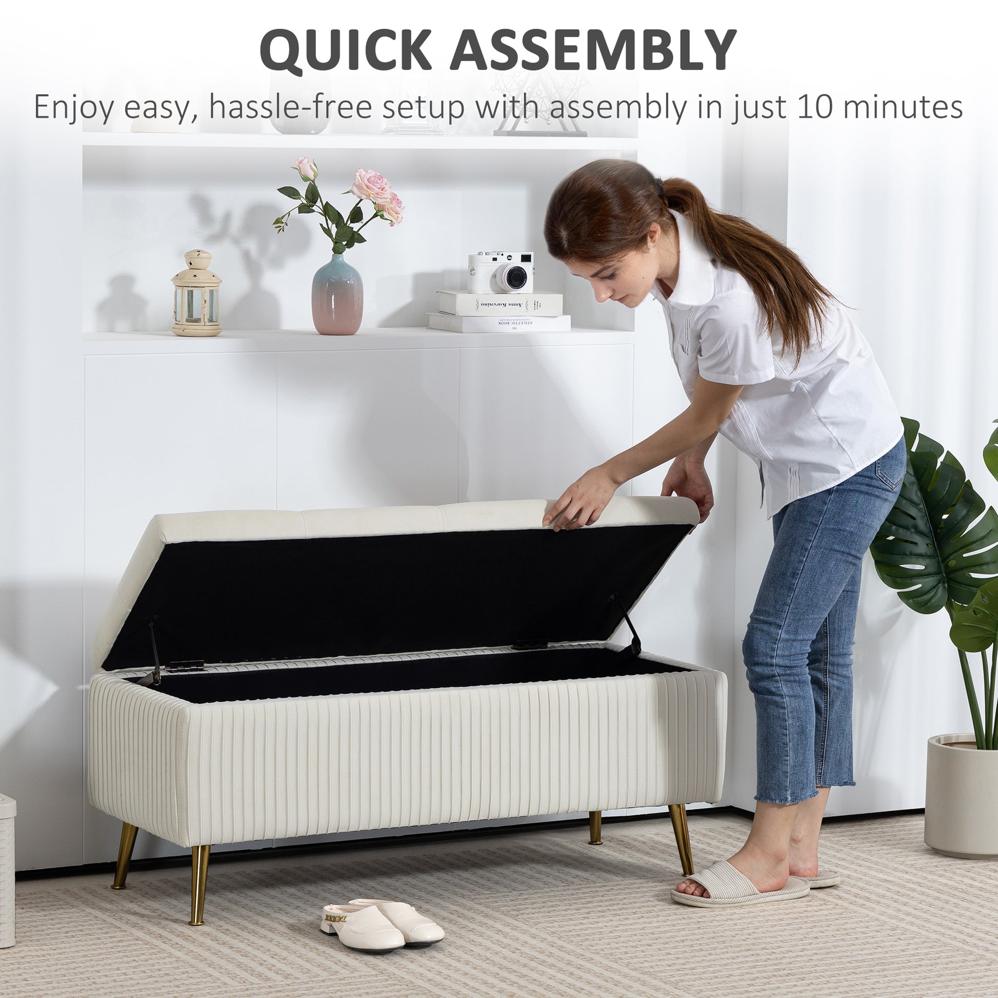 Storage Ottoman Bench 43" Beige - 485lbs Capacity-DECOROLALA