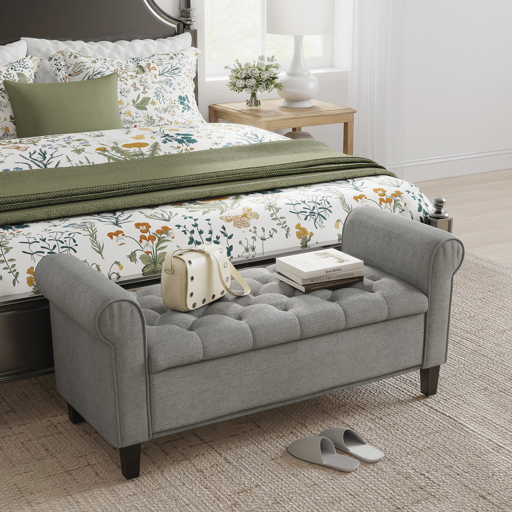 Storage Ottoman Bench 50" Light Grey Tufted-DECOROLALA