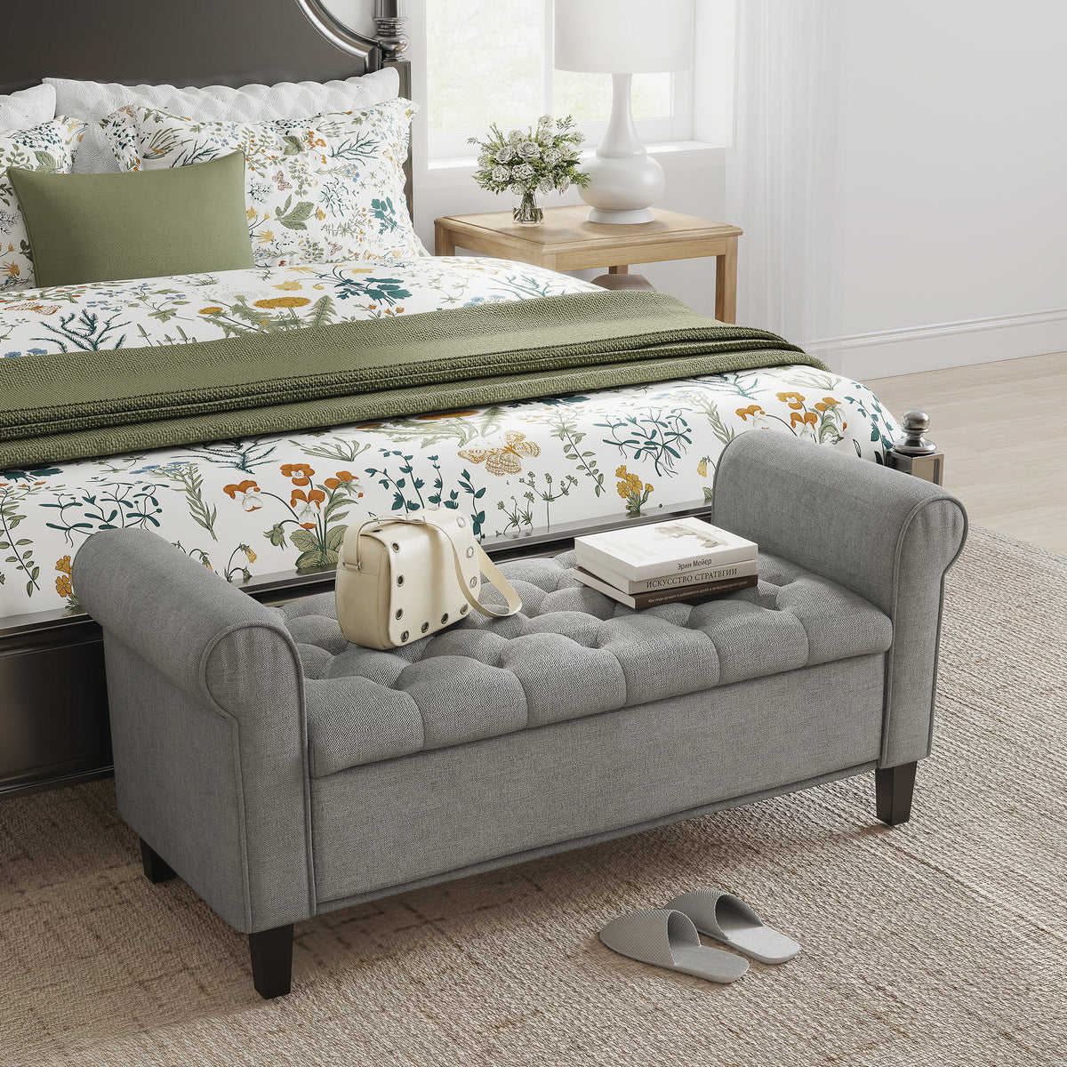 Storage Ottoman Bench 50" Light Grey Tufted-DECOROLALA