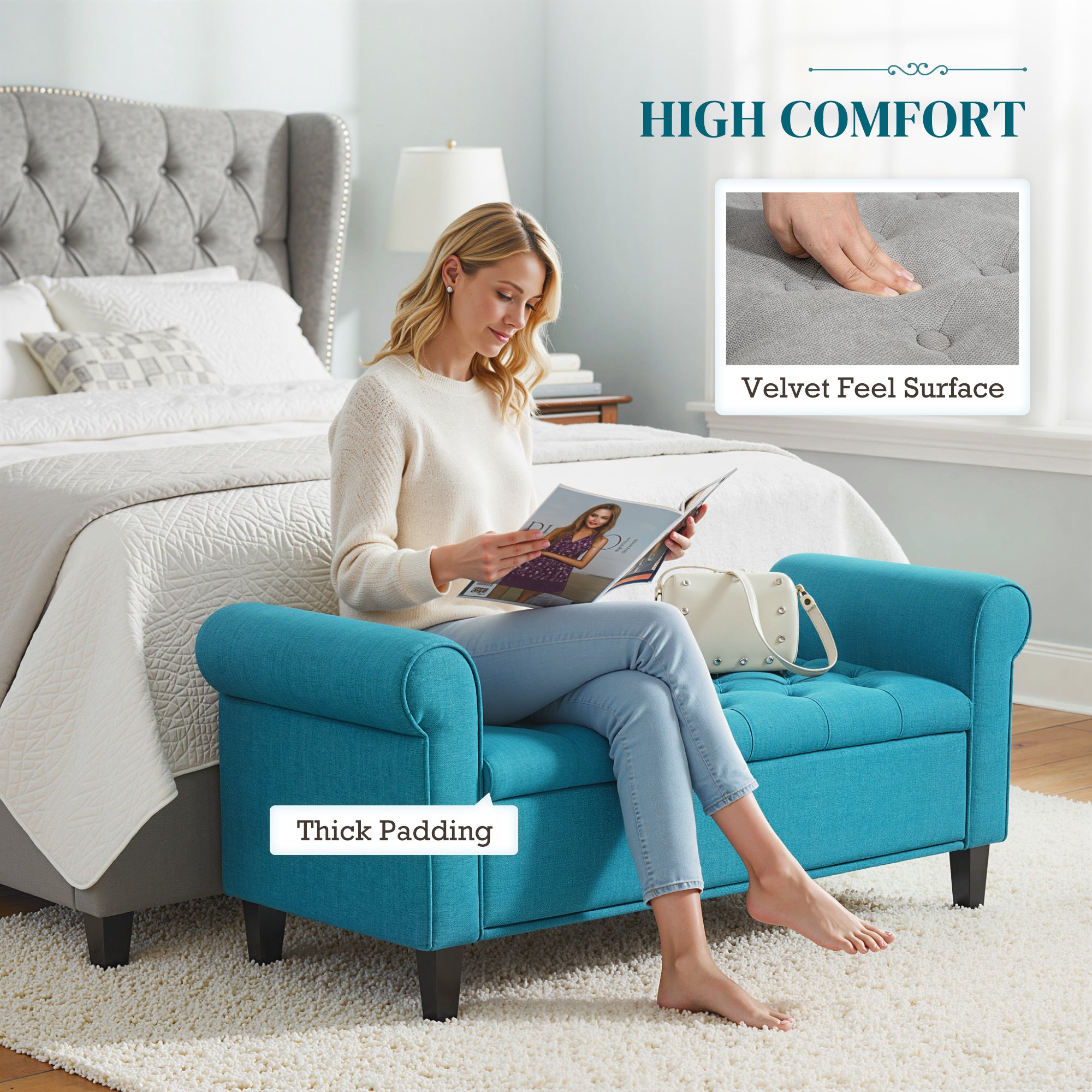 Storage Ottoman Bench 50" Teal Button Tufted-DECOROLALA