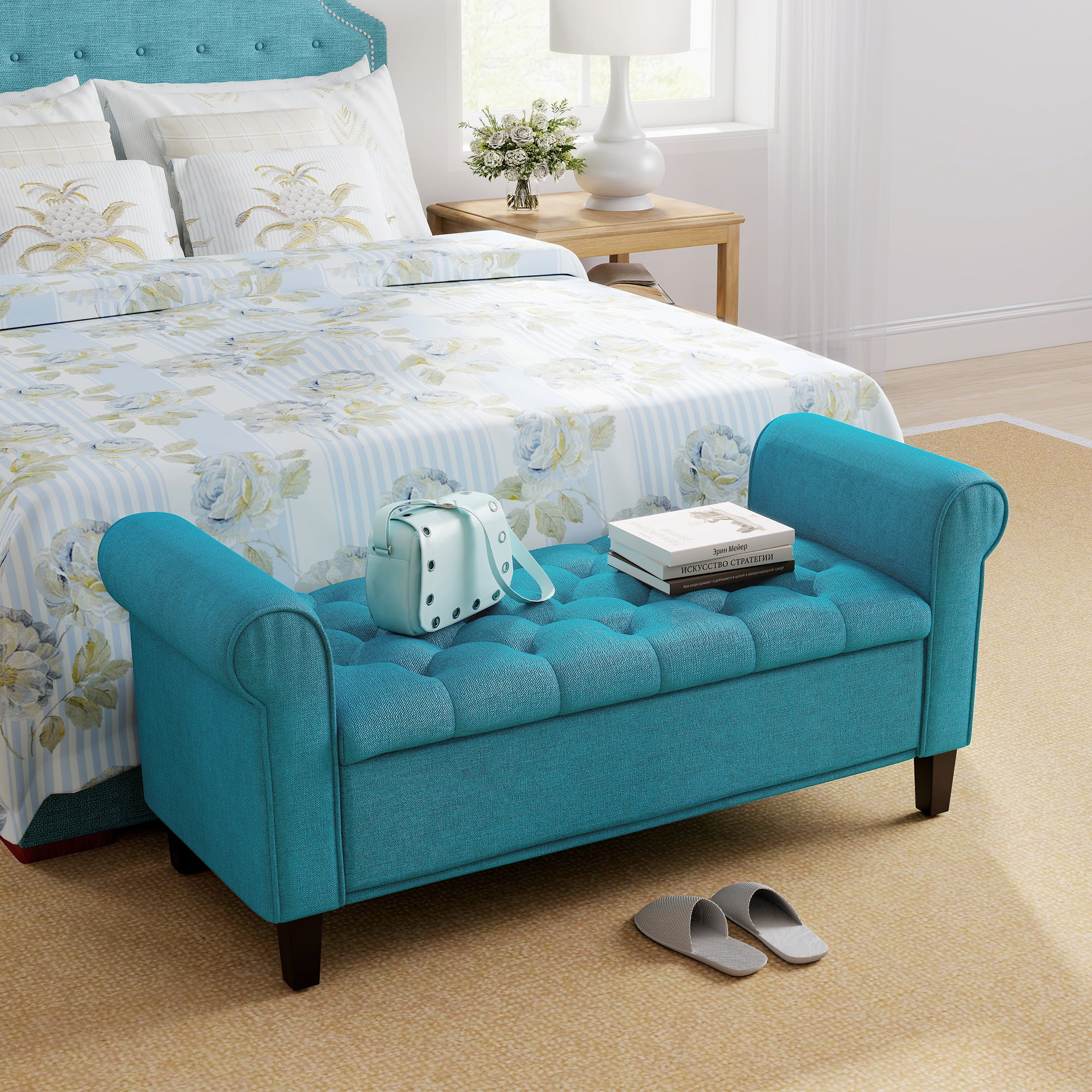 Storage Ottoman Bench 50" Teal Button Tufted-DECOROLALA