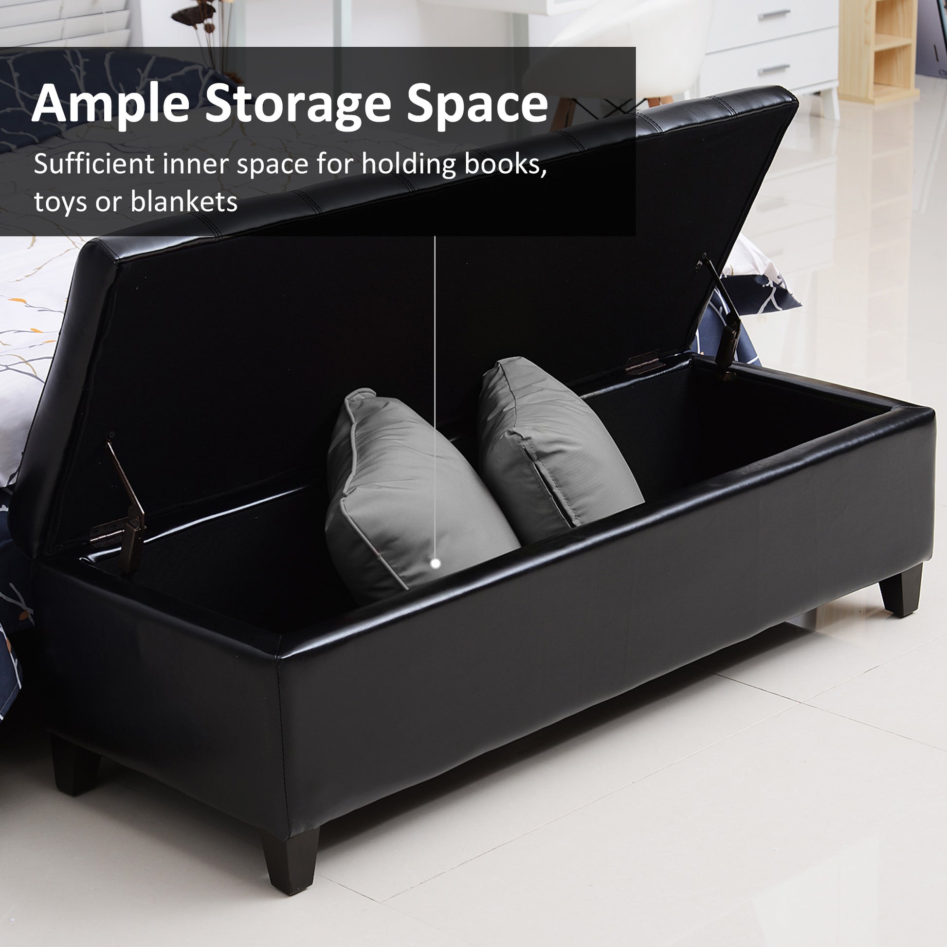 Storage Ottoman Bench 51" Black PU Leather-DECOROLALA