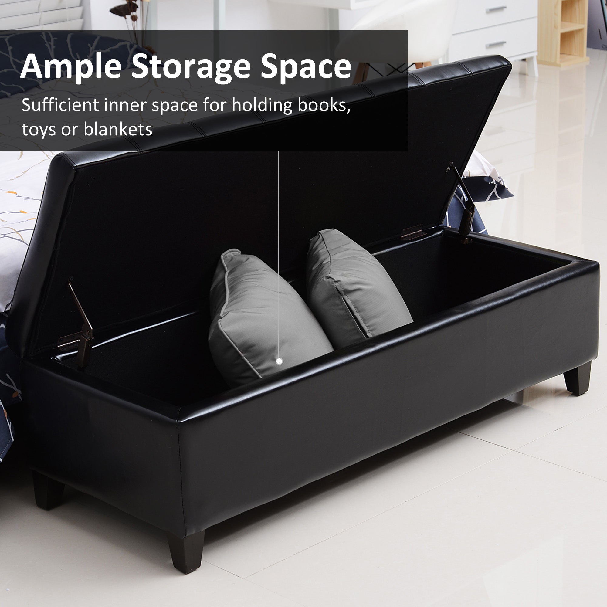 Storage Ottoman Bench 51" Black PU Leather-DECOROLALA