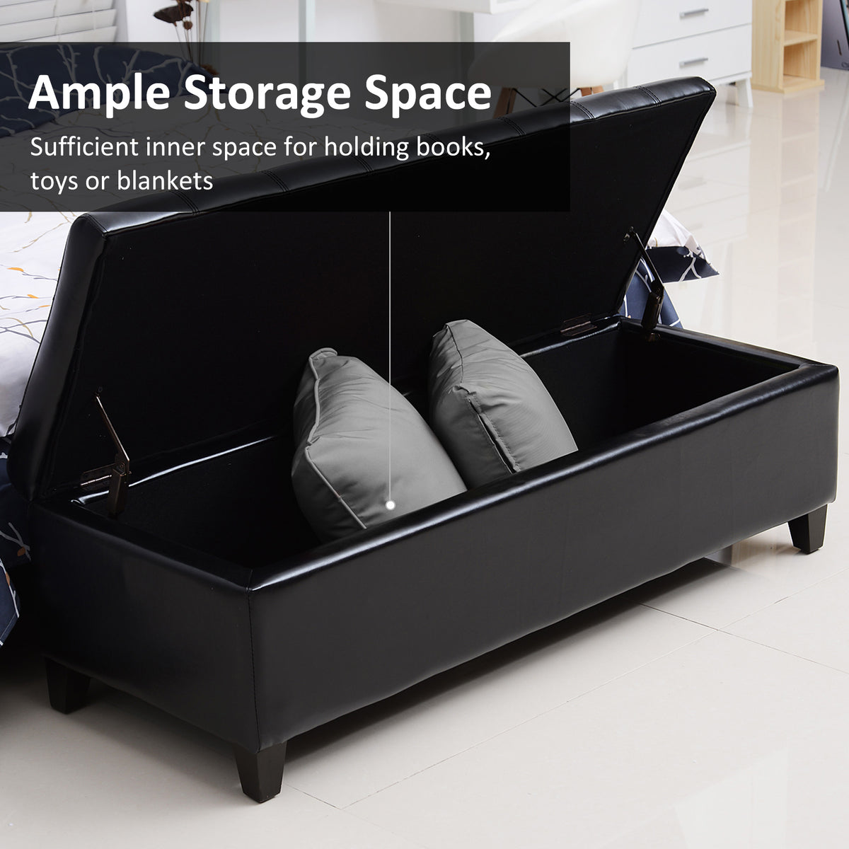 Storage Ottoman Bench 51" Black PU Leather-DECOROLALA