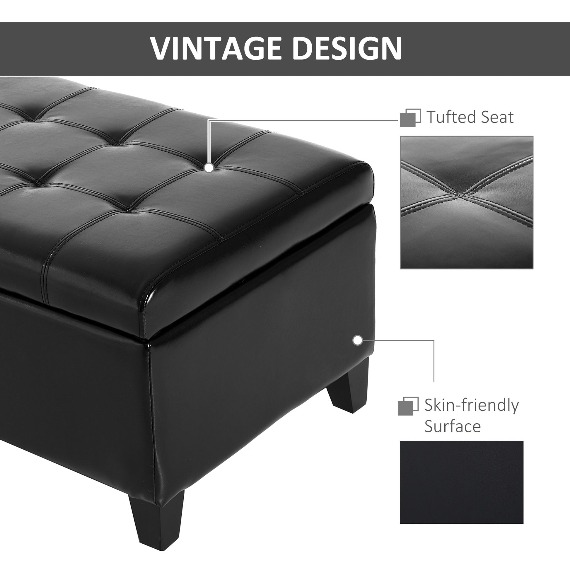 Storage Ottoman Bench 51" Black PU Leather-DECOROLALA