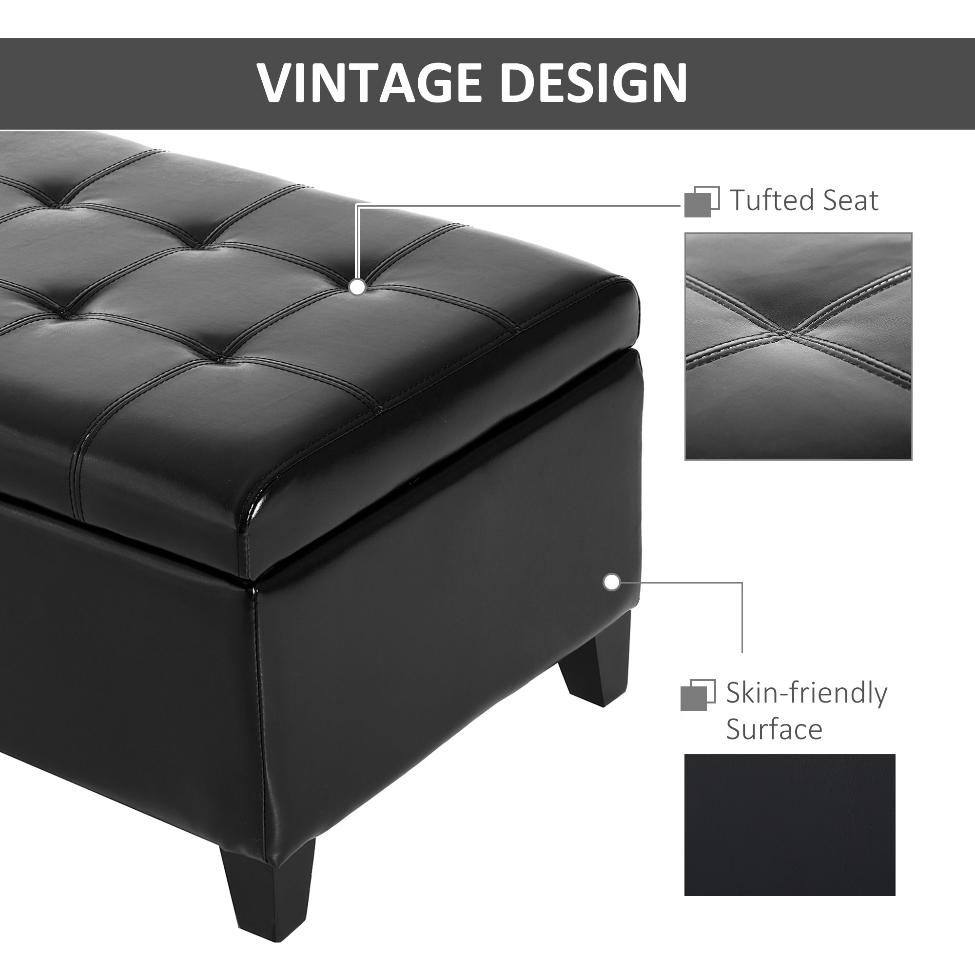 Storage Ottoman Bench 51" Black PU Leather-DECOROLALA