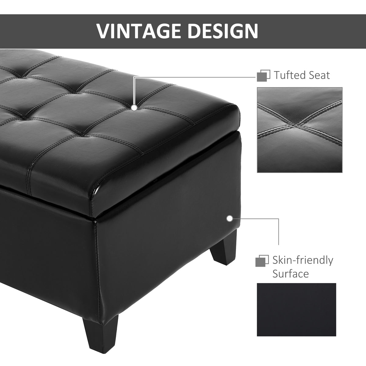 Storage Ottoman Bench 51" Black PU Leather-DECOROLALA