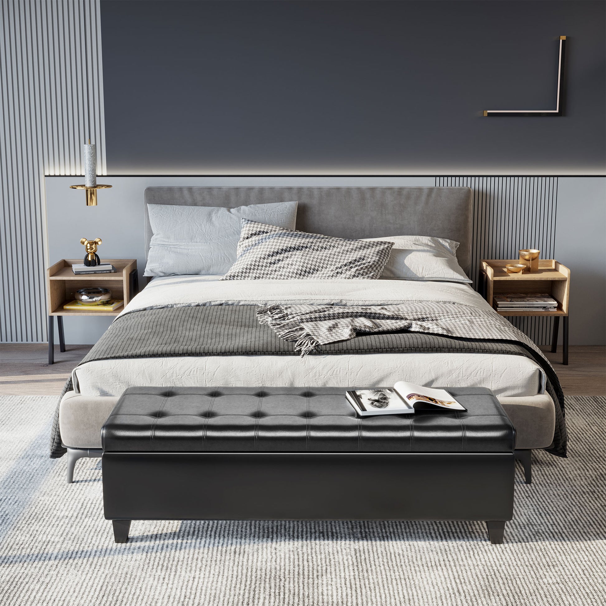 Storage Ottoman Bench 51" Black PU Leather-DECOROLALA