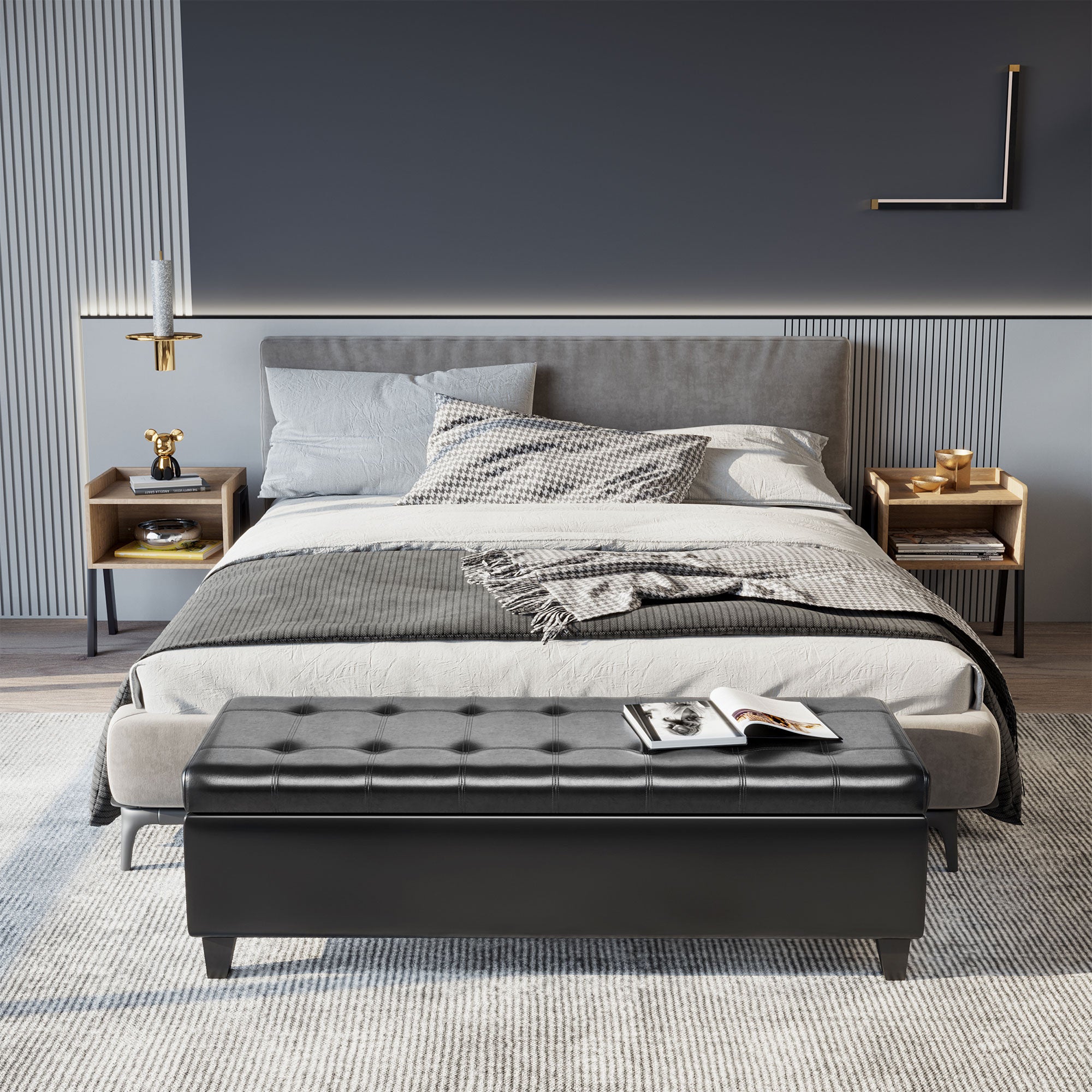 Storage Ottoman Bench 51" Black PU Leather-DECOROLALA