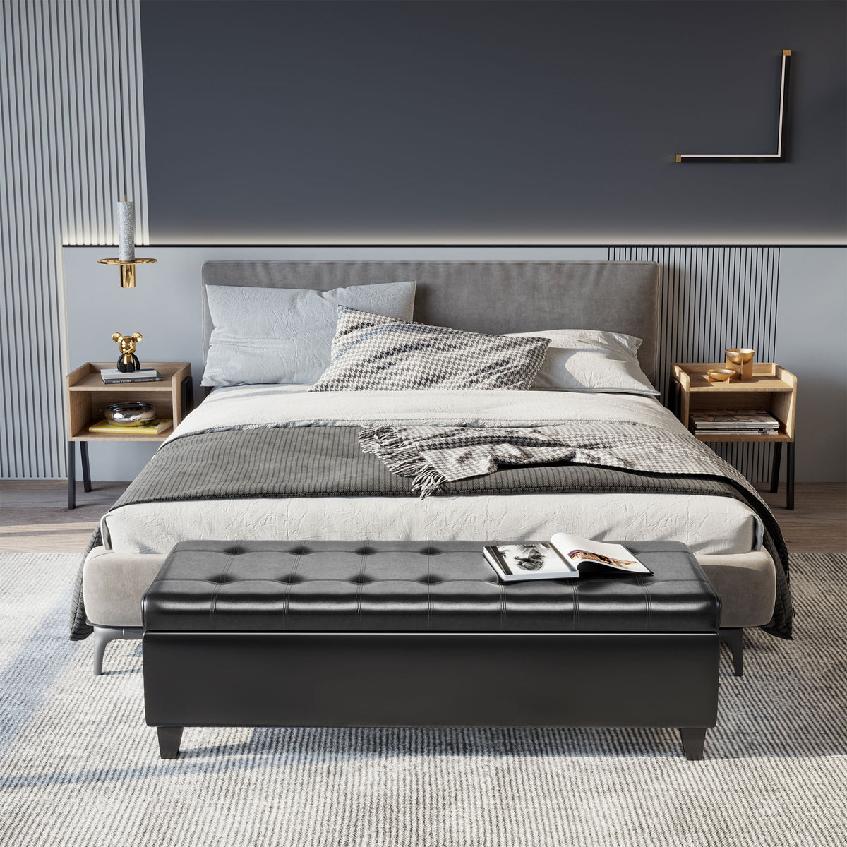 Storage Ottoman Bench 51" Black PU Leather-DECOROLALA