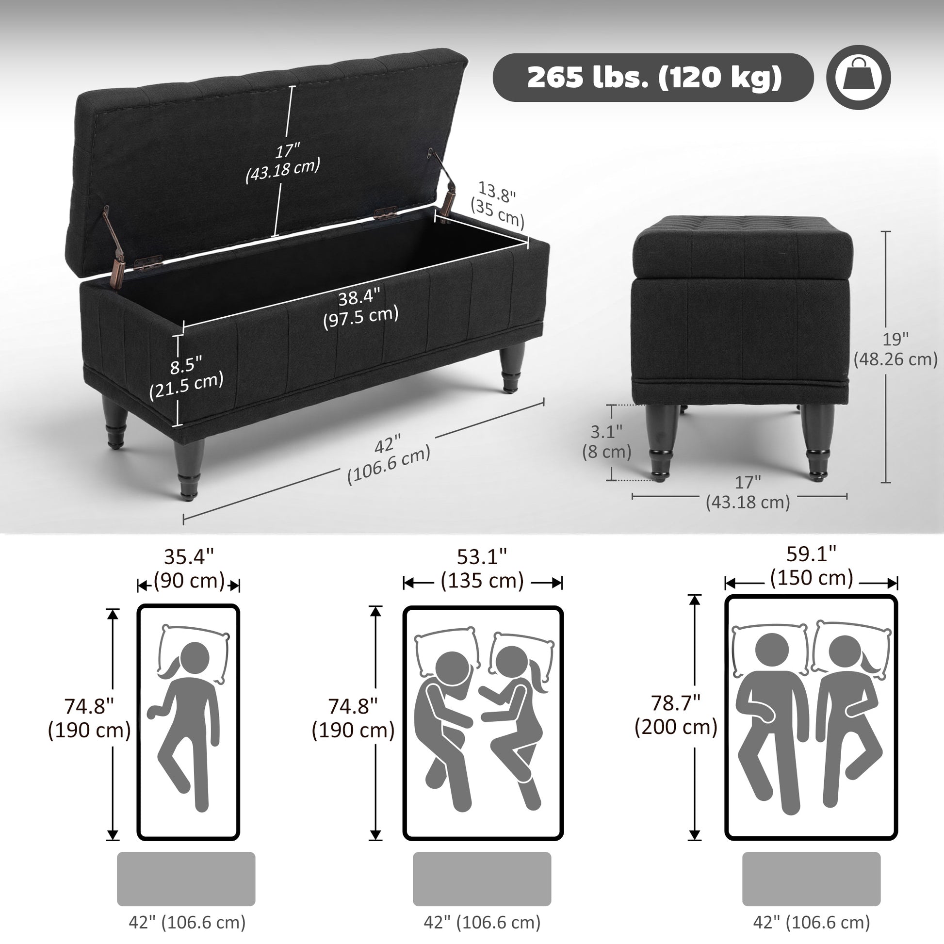 Storage Ottoman Bench - Black Linen 42"-DECOROLALA