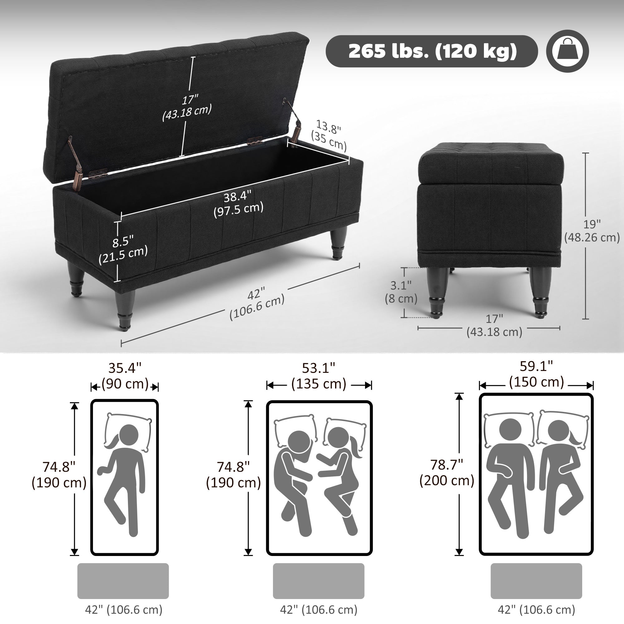 Storage Ottoman Bench - Black Linen 42"-DECOROLALA