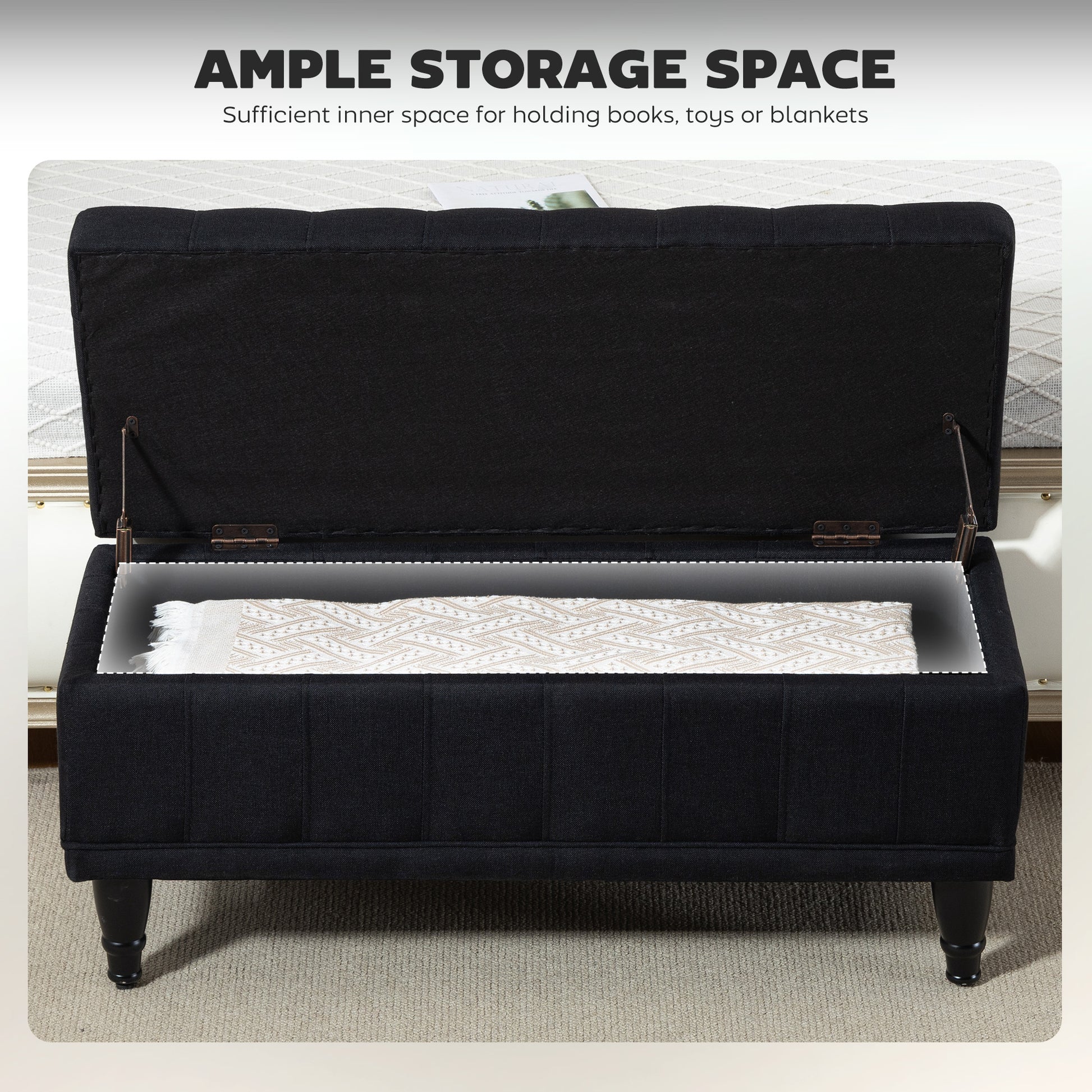 Storage Ottoman Bench - Black Linen 42"-DECOROLALA