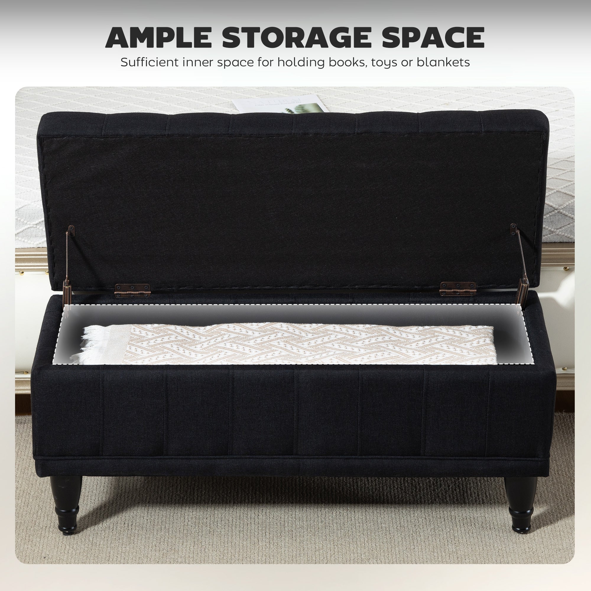 Storage Ottoman Bench - Black Linen 42"-DECOROLALA