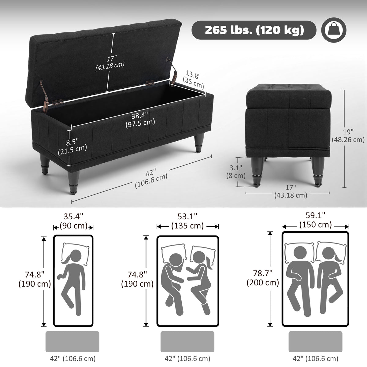Storage Ottoman Bench - Black Linen 42"-DECOROLALA