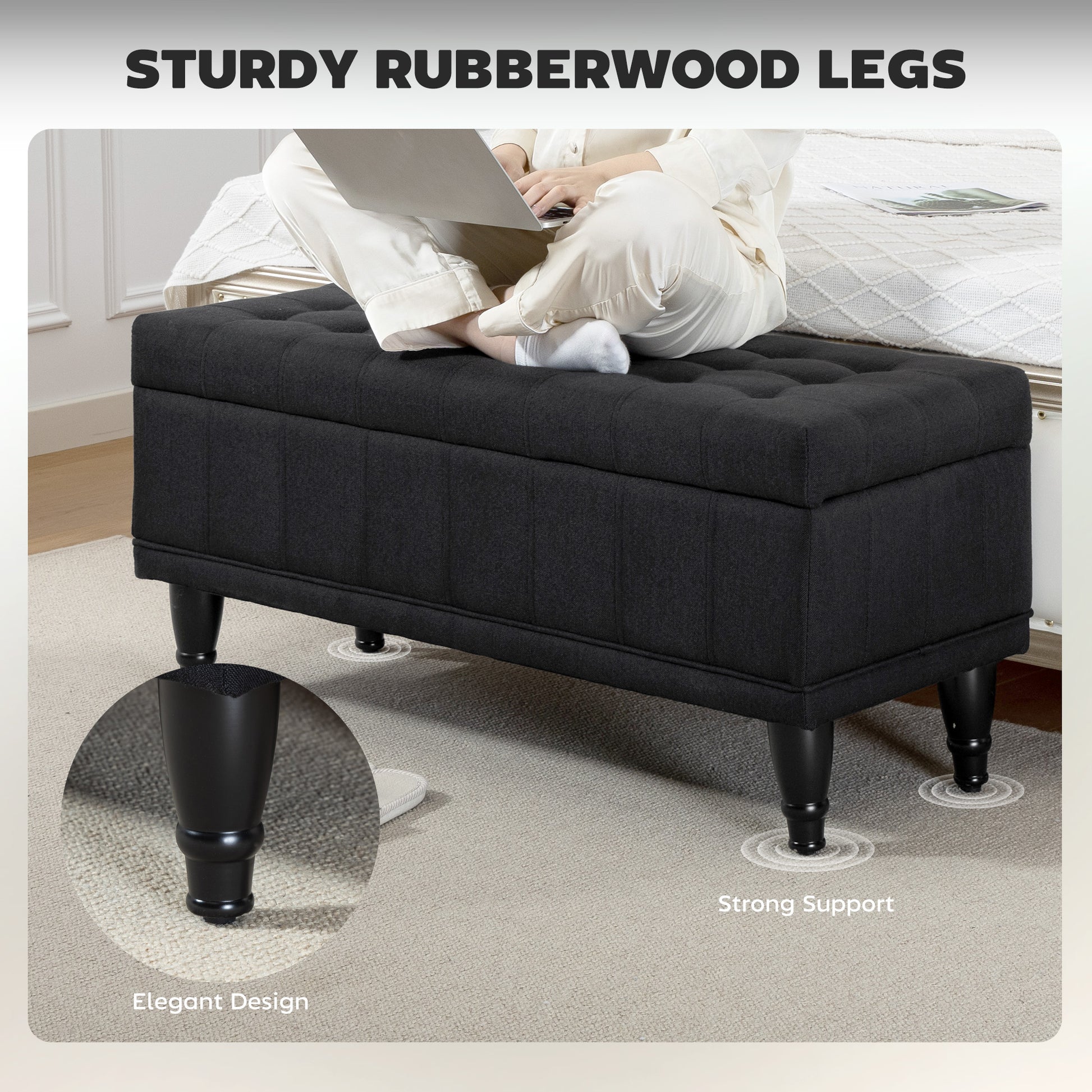 Storage Ottoman Bench - Black Linen 42"-DECOROLALA