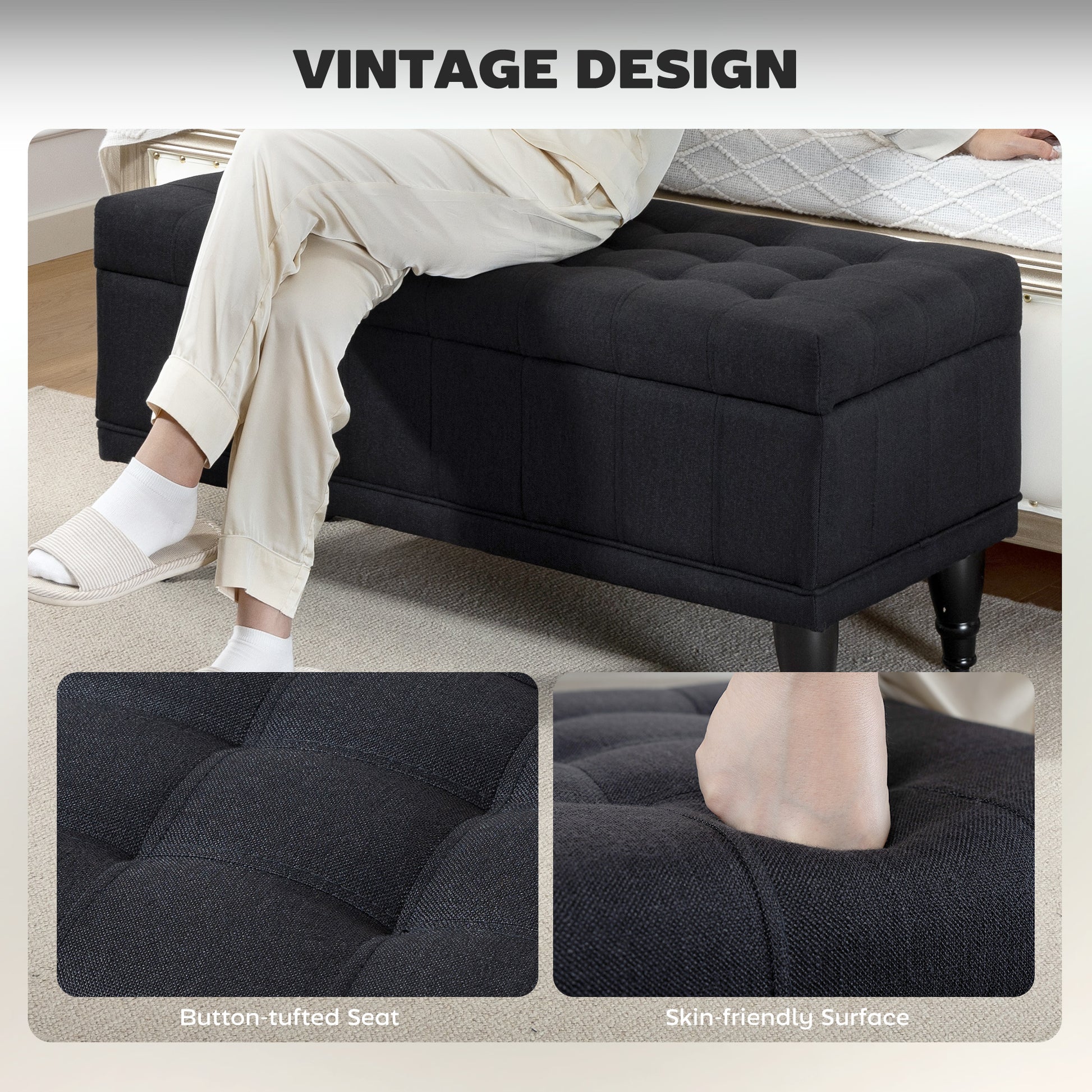 Storage Ottoman Bench - Black Linen 42"-DECOROLALA
