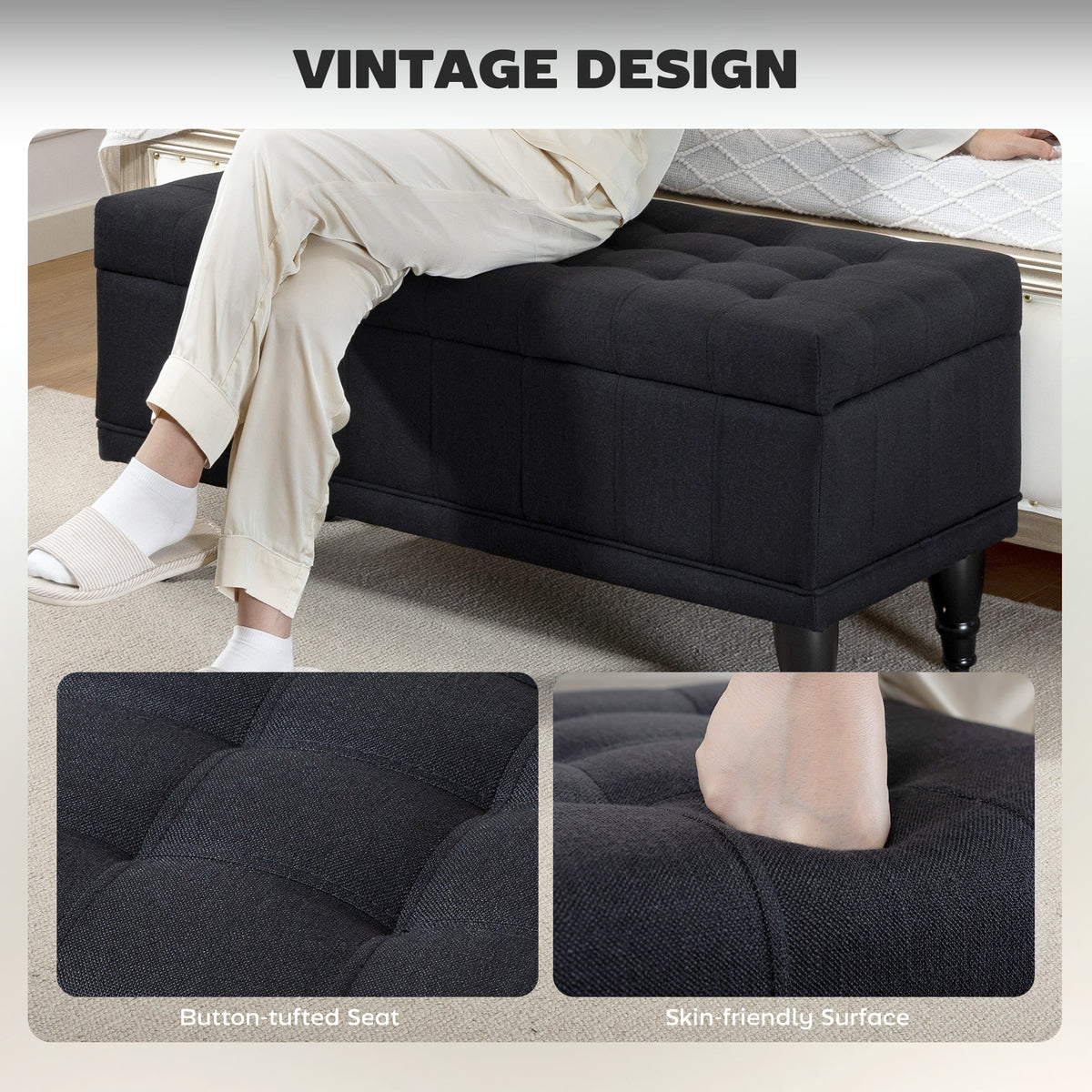 Storage Ottoman Bench - Black Linen 42"-DECOROLALA