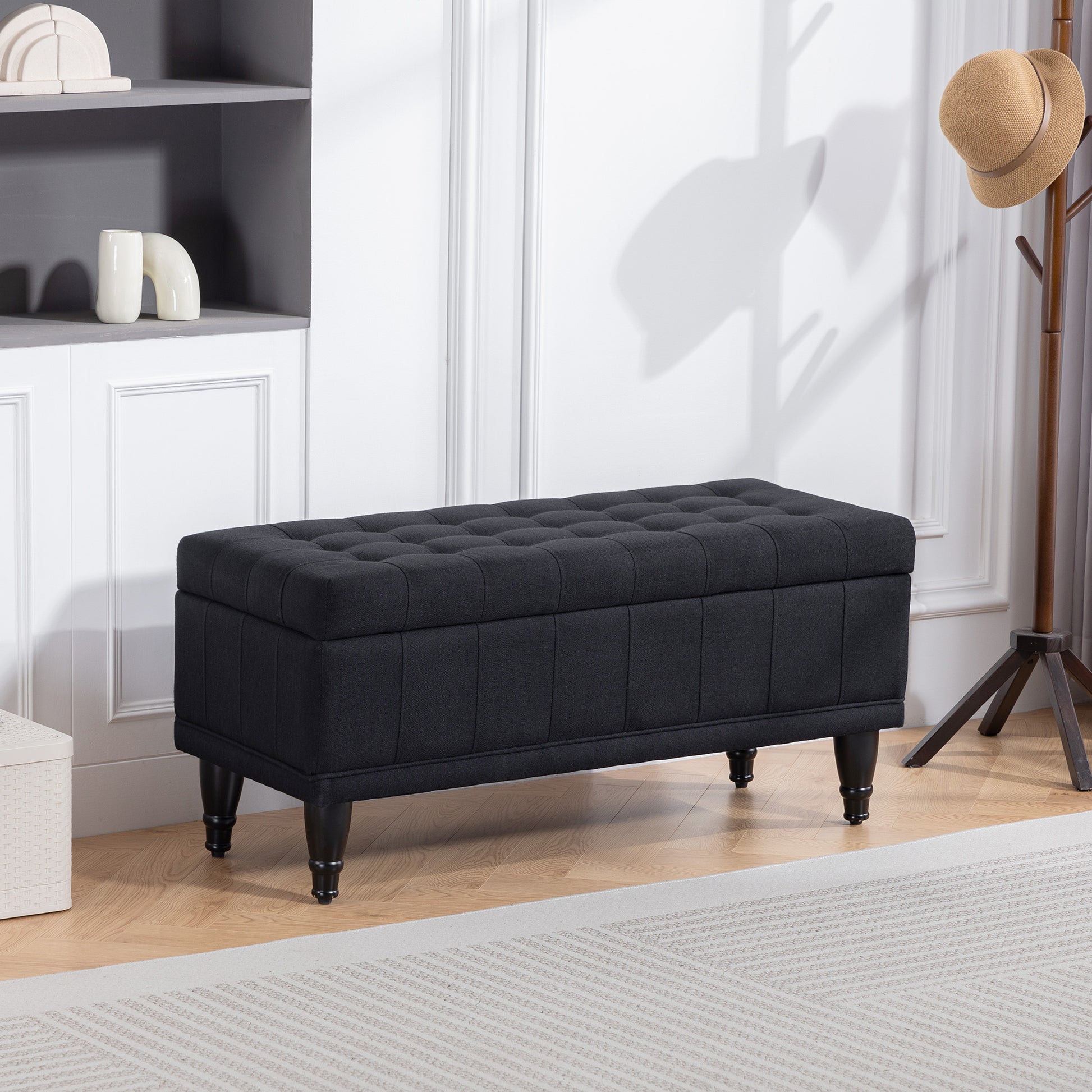 Storage Ottoman Bench - Black Linen 42"-DECOROLALA