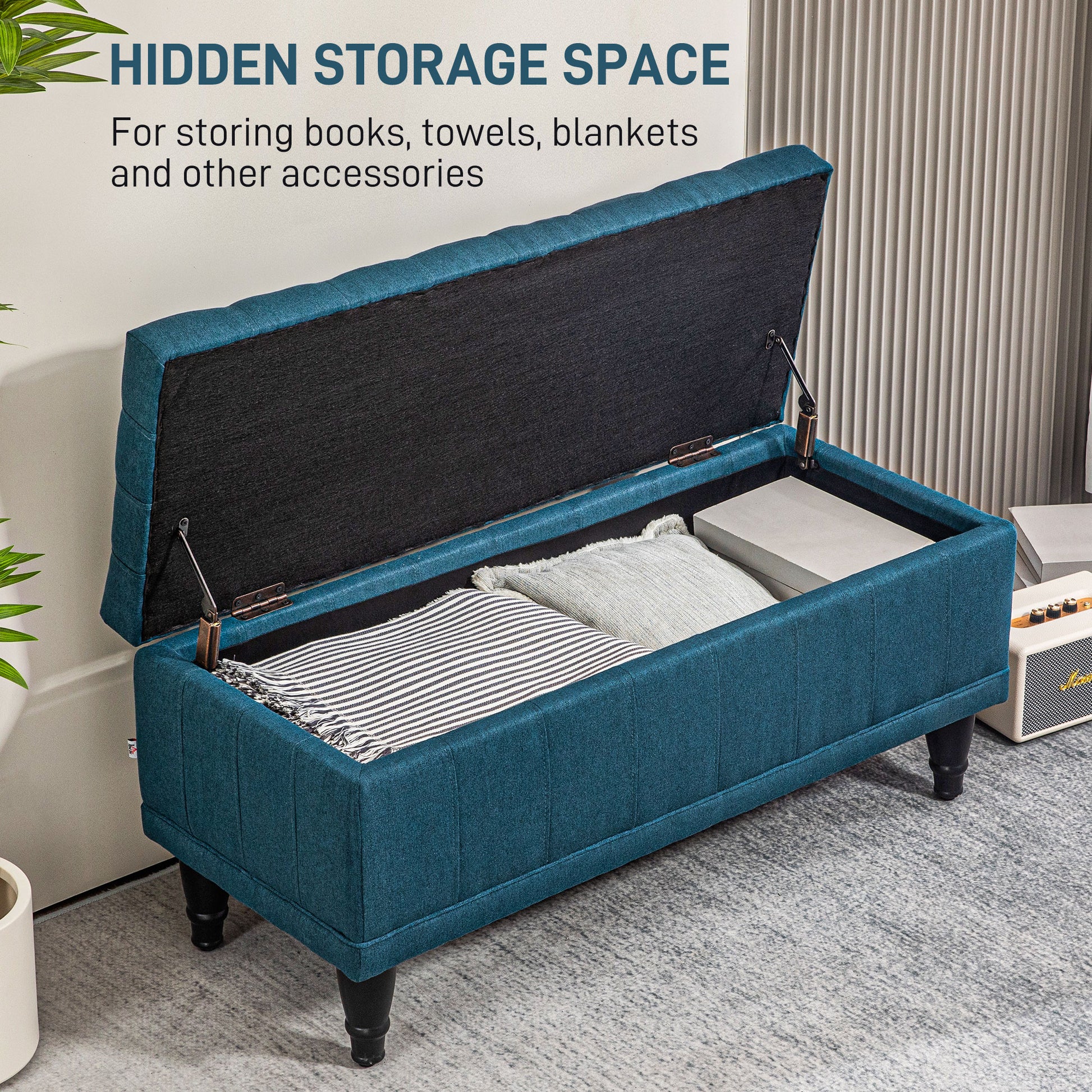 Storage Ottoman Bench - Blue Linen 42"W-DECOROLALA