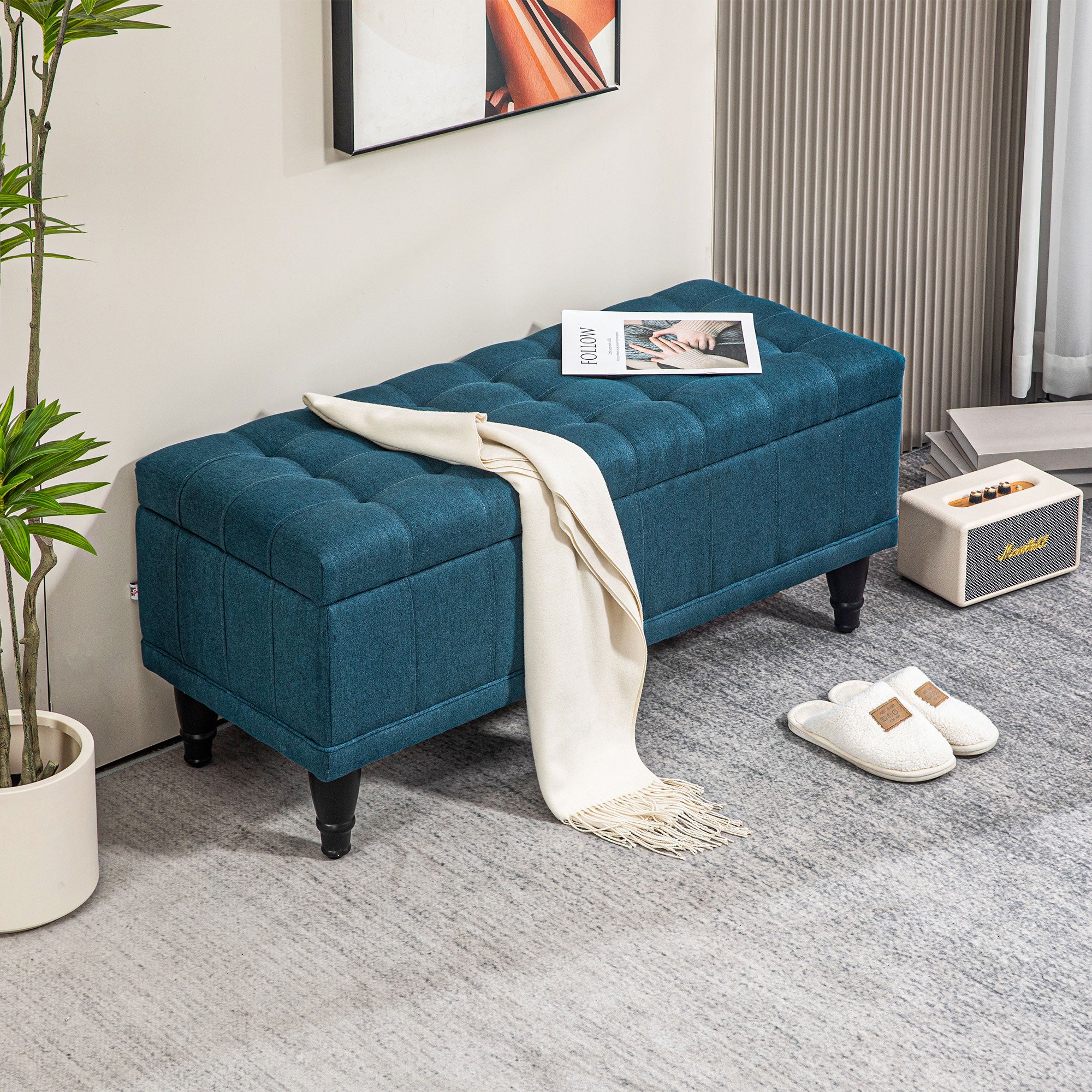 Storage Ottoman Bench - Blue Linen 42"W-DECOROLALA