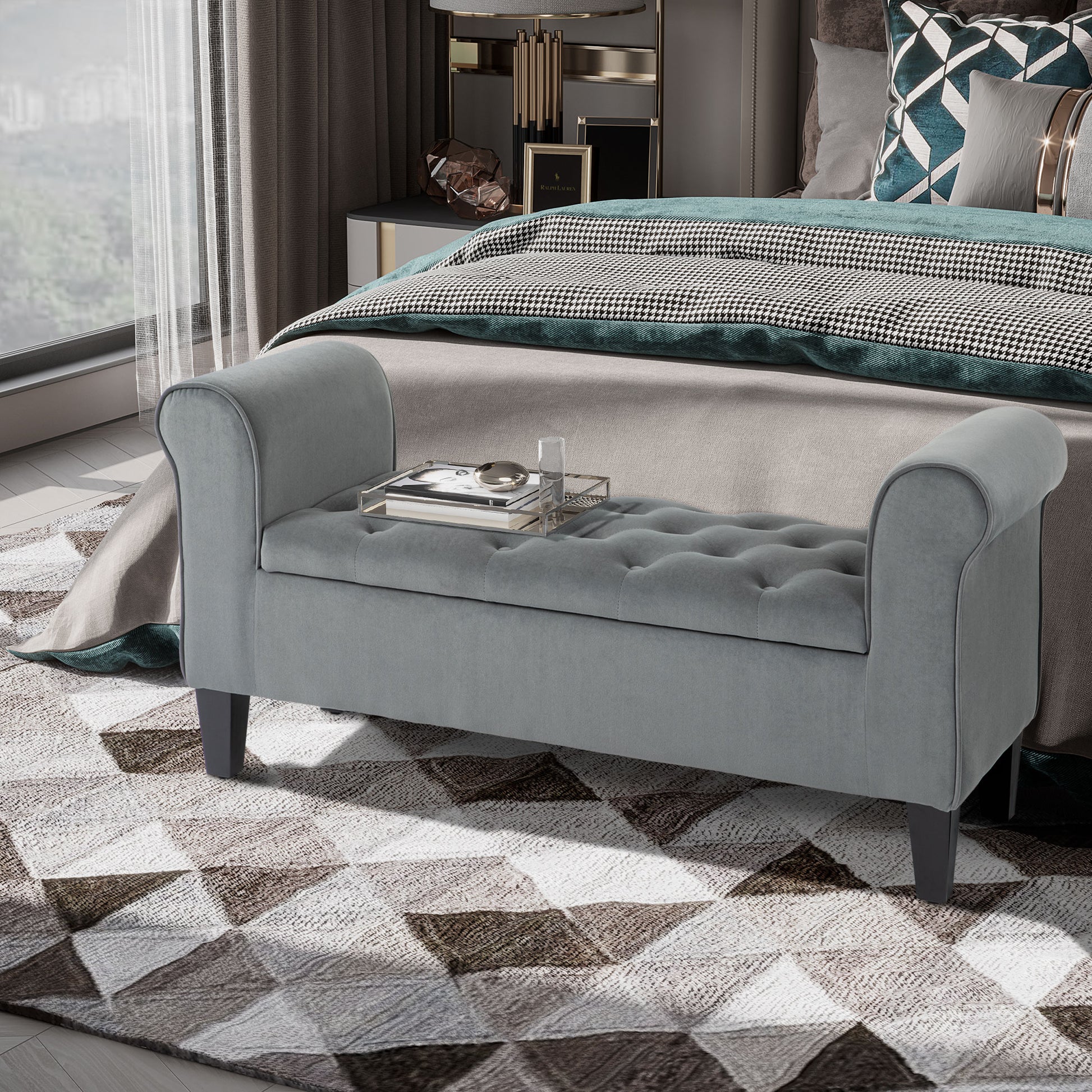 Storage Ottoman Bench Button Tufted Grey-DECOROLALA