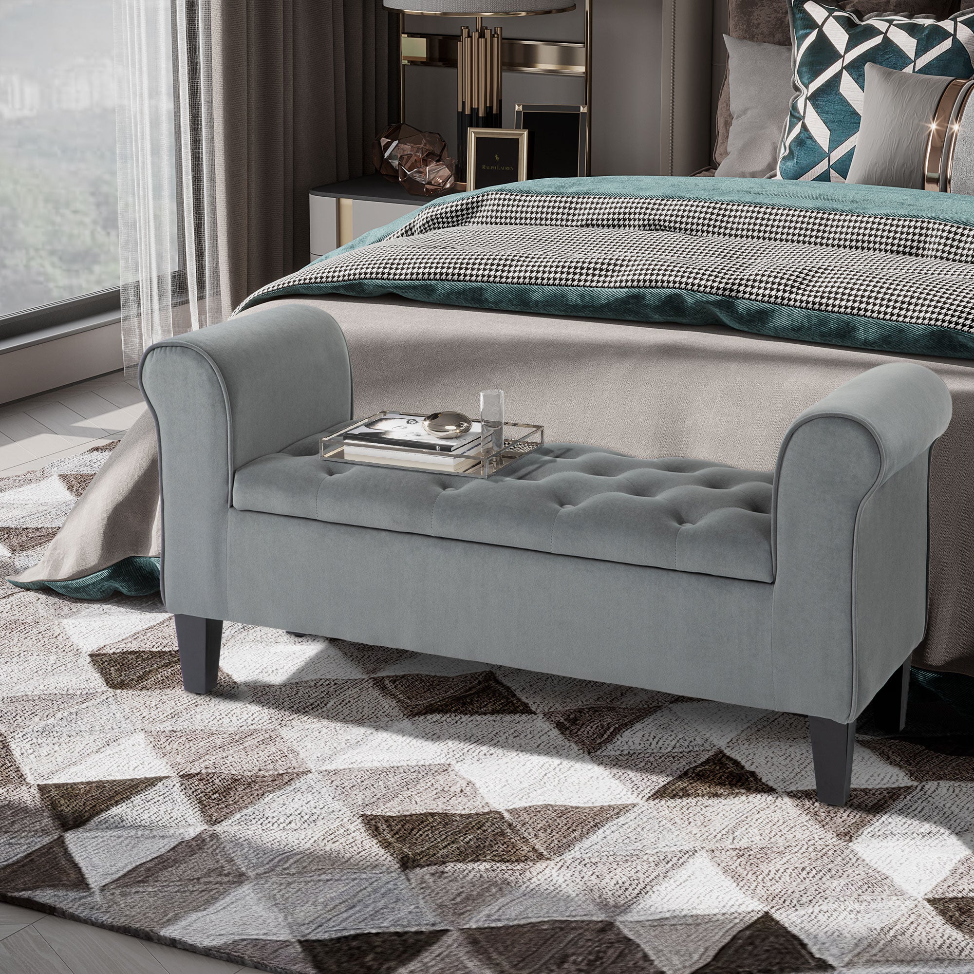Storage Ottoman Bench Button Tufted Grey-DECOROLALA