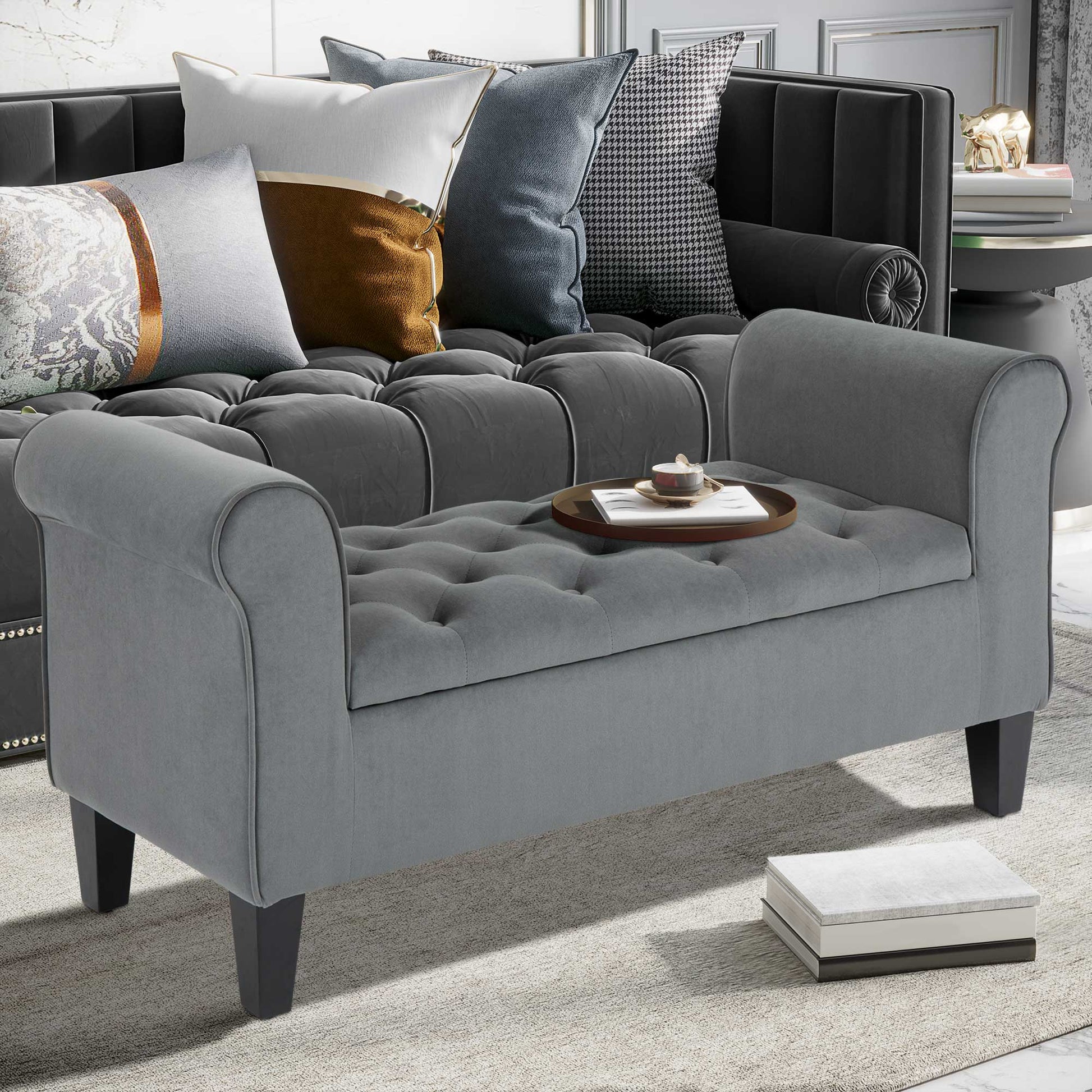 Storage Ottoman Bench Button Tufted Grey-DECOROLALA