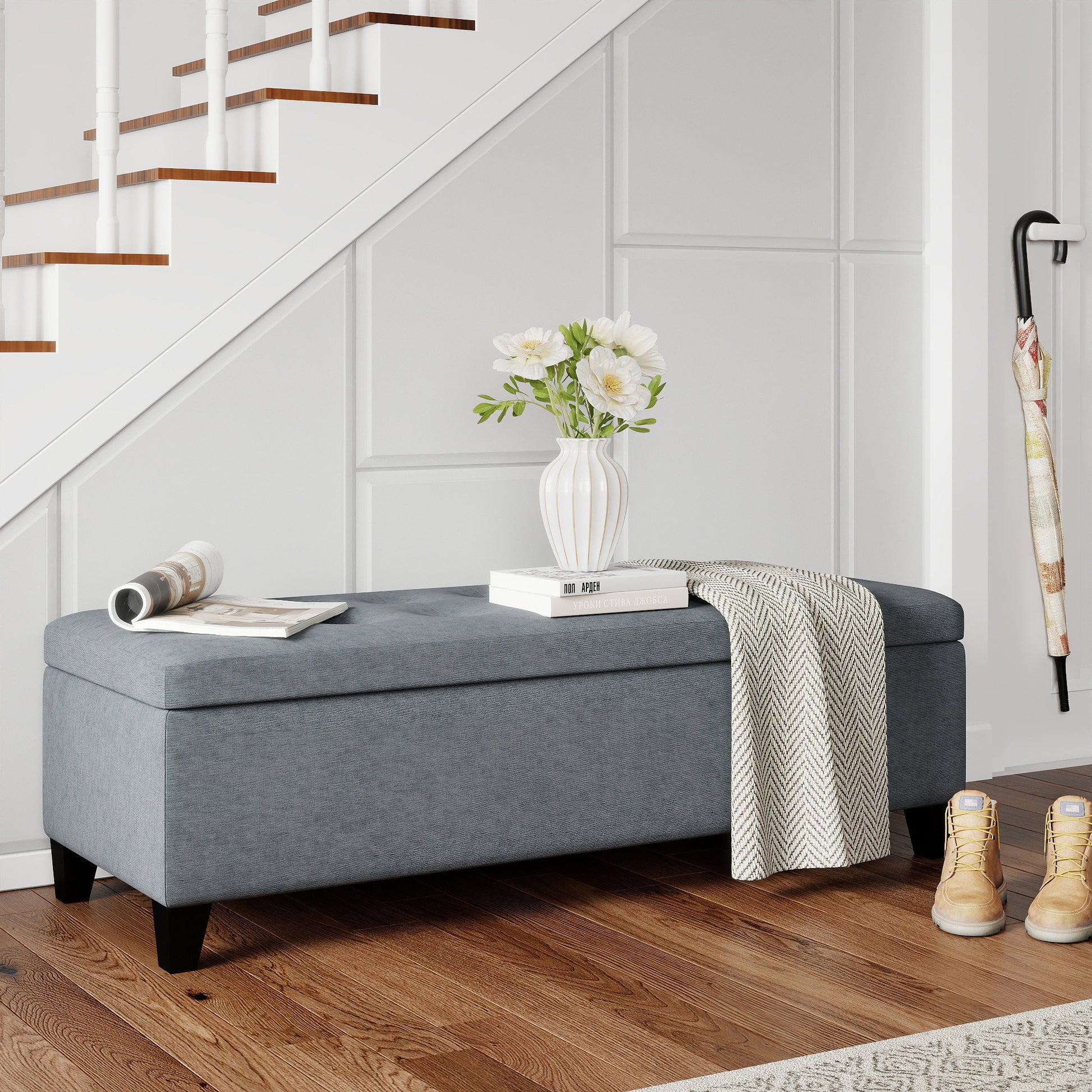 Storage Ottoman Bench - Grey Tufted Linen-DECOROLALA