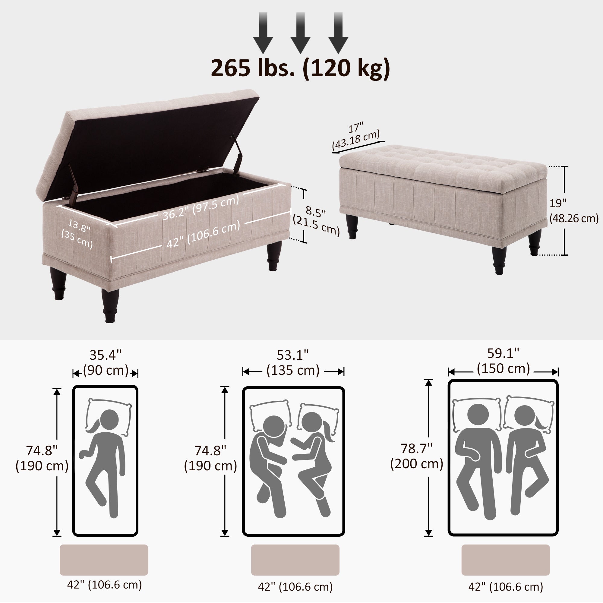 Storage Ottoman Bench Linen Beige 42"-DECOROLALA