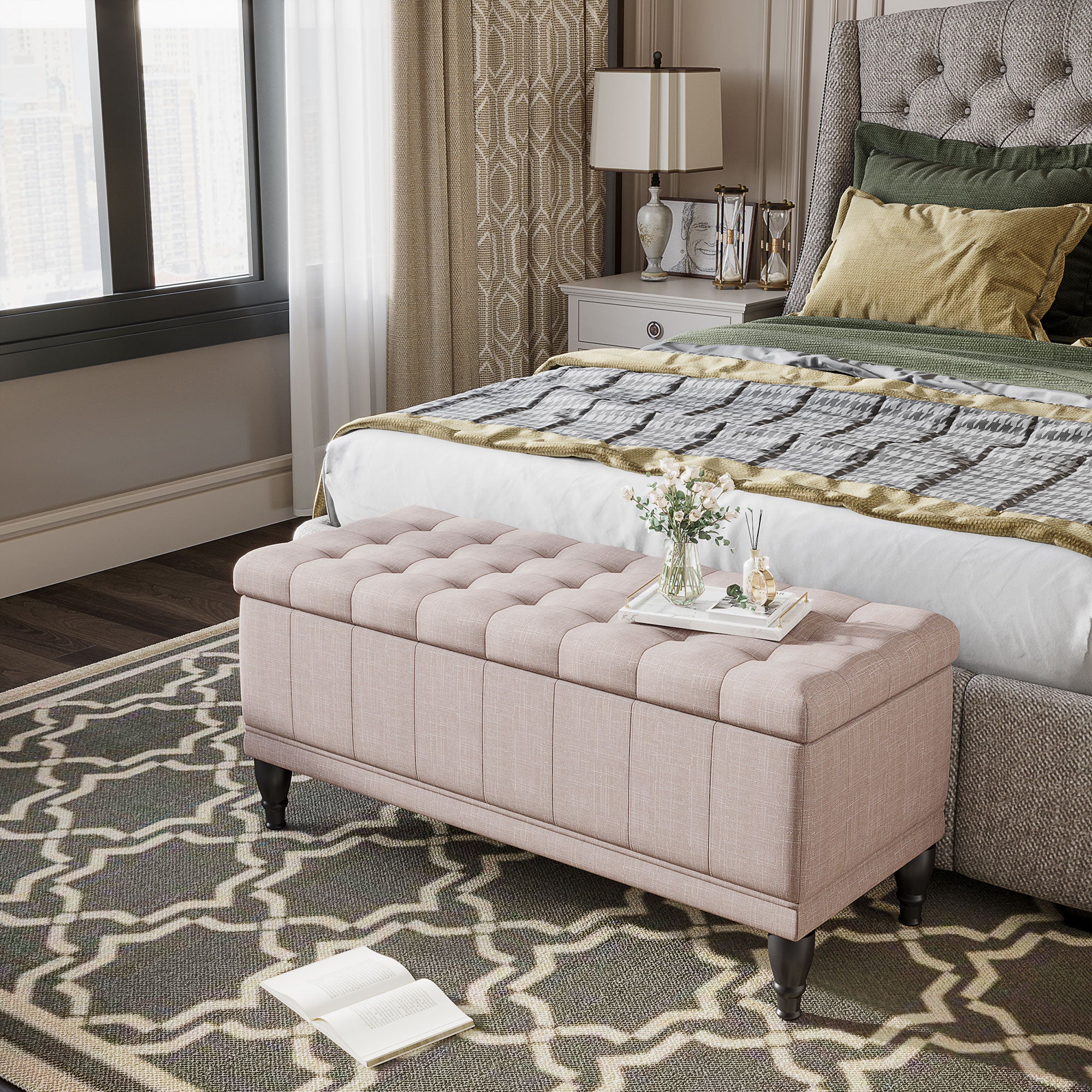 Storage Ottoman Bench Linen Beige 42"-DECOROLALA
