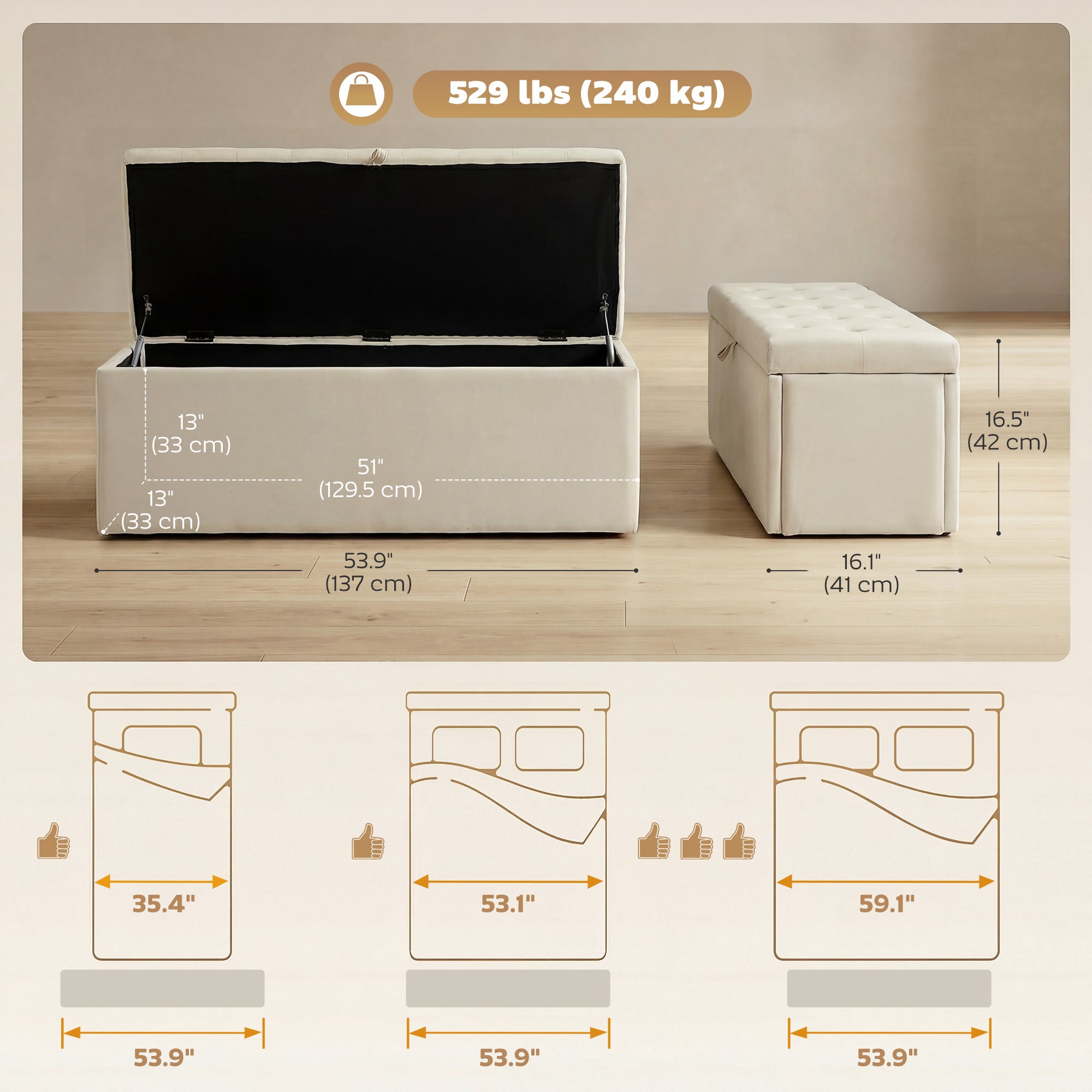 Storage Ottoman Velvet Beige 54"-DECOROLALA