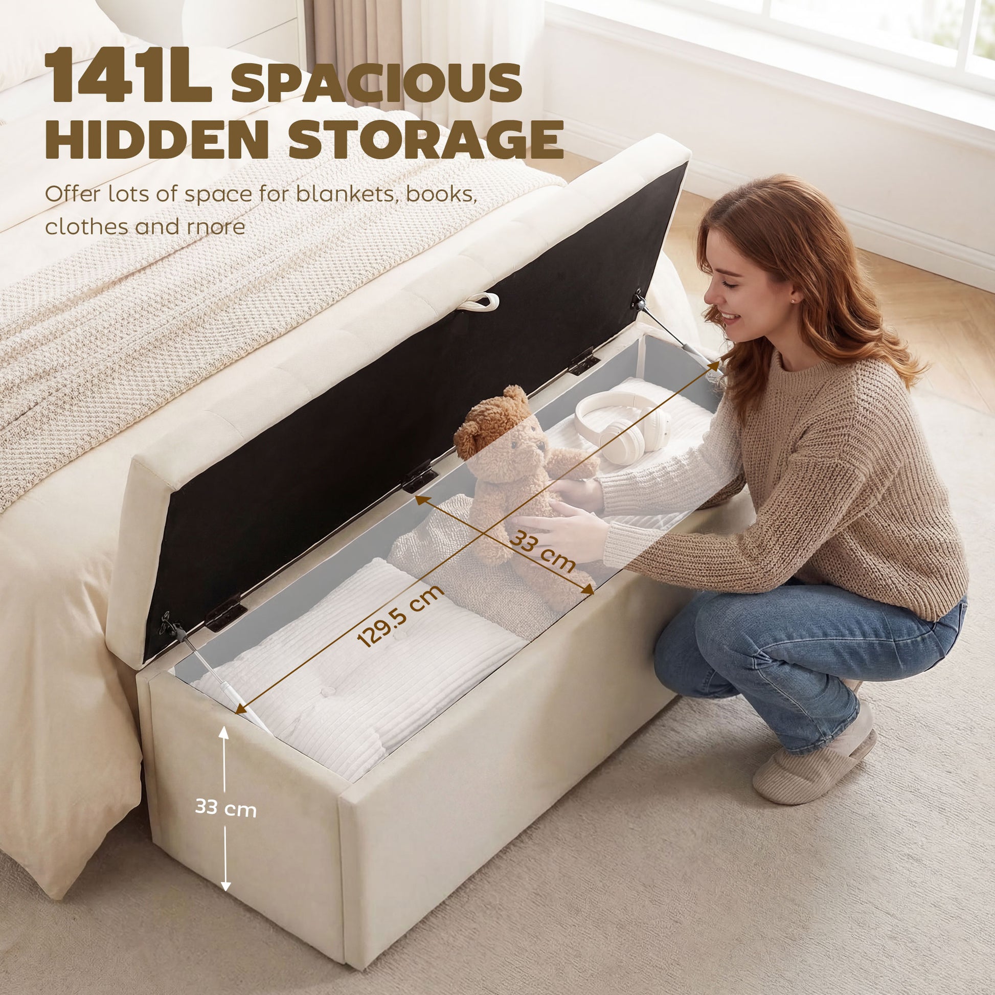 Storage Ottoman Velvet Beige 54"-DECOROLALA