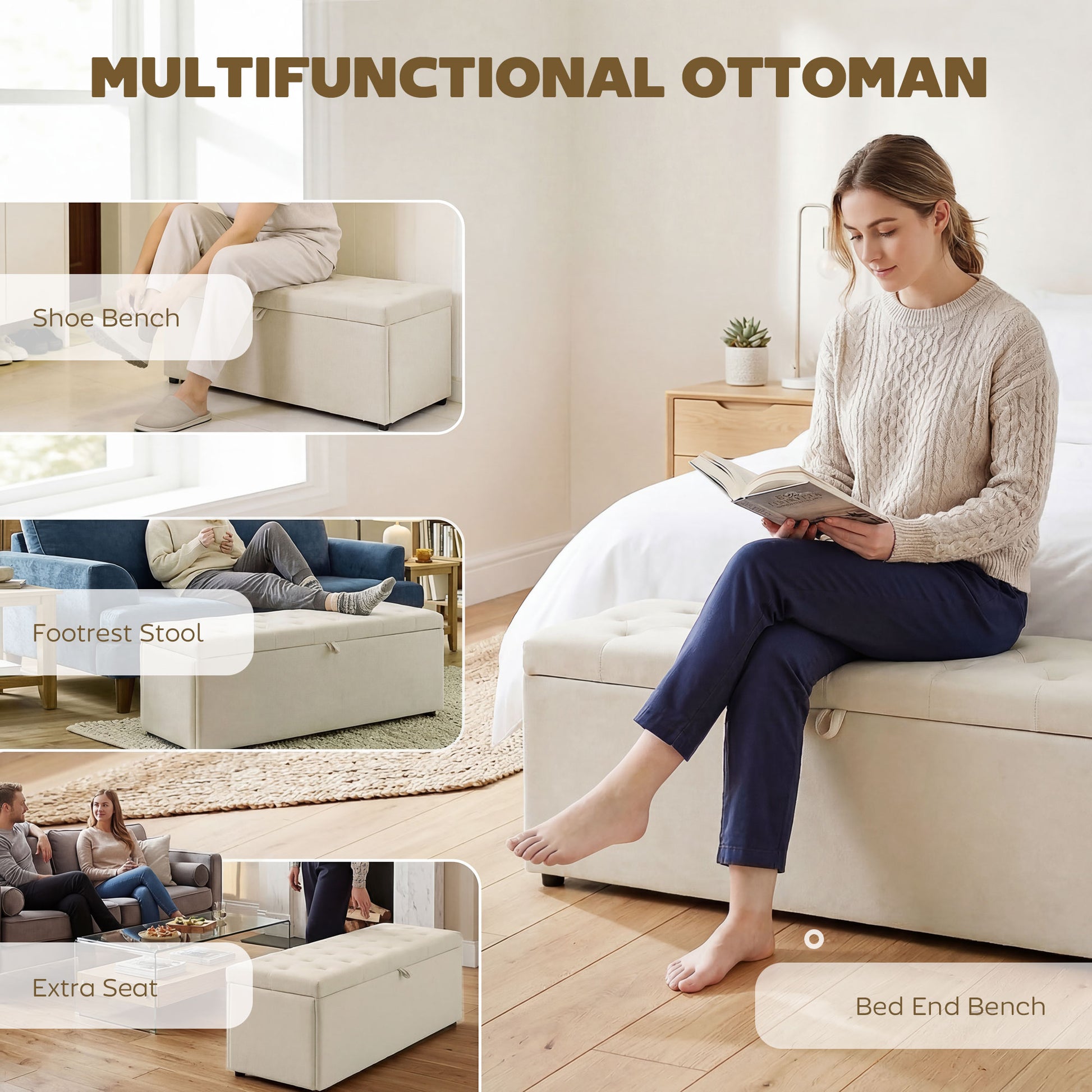 Storage Ottoman Velvet Beige 54"-DECOROLALA