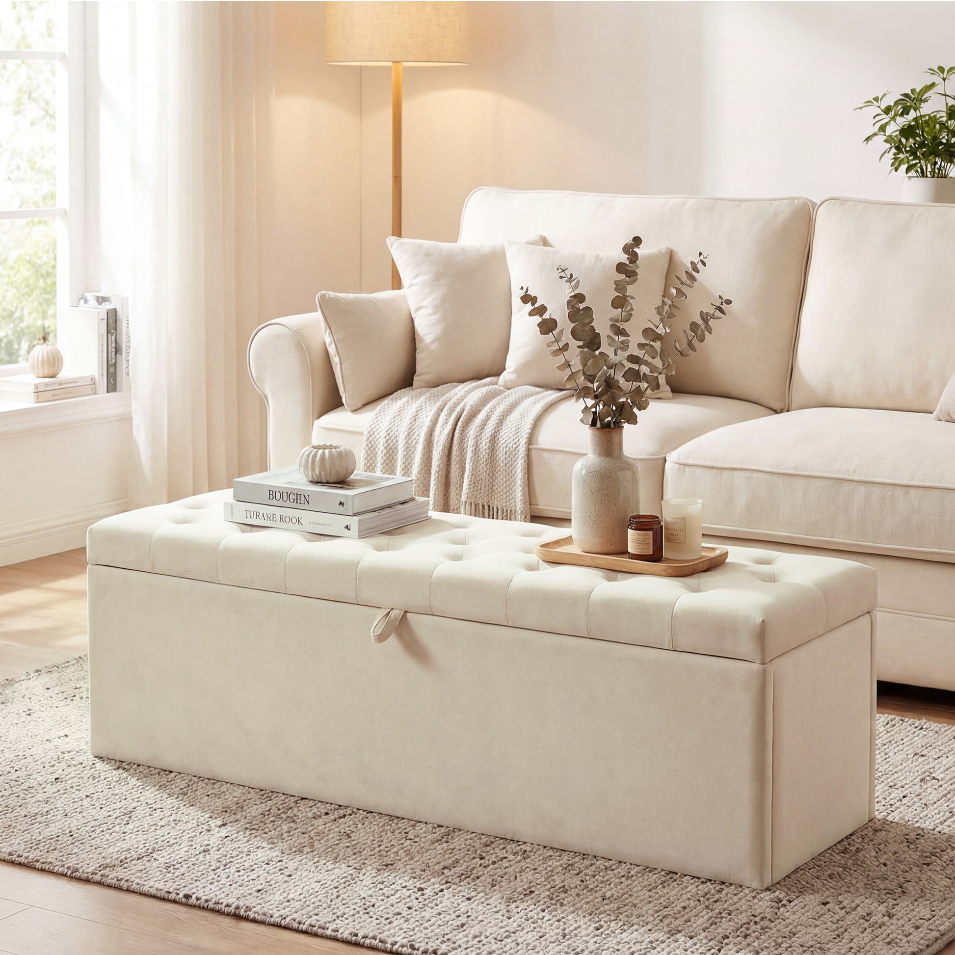 Storage Ottoman Velvet Beige 54"-DECOROLALA