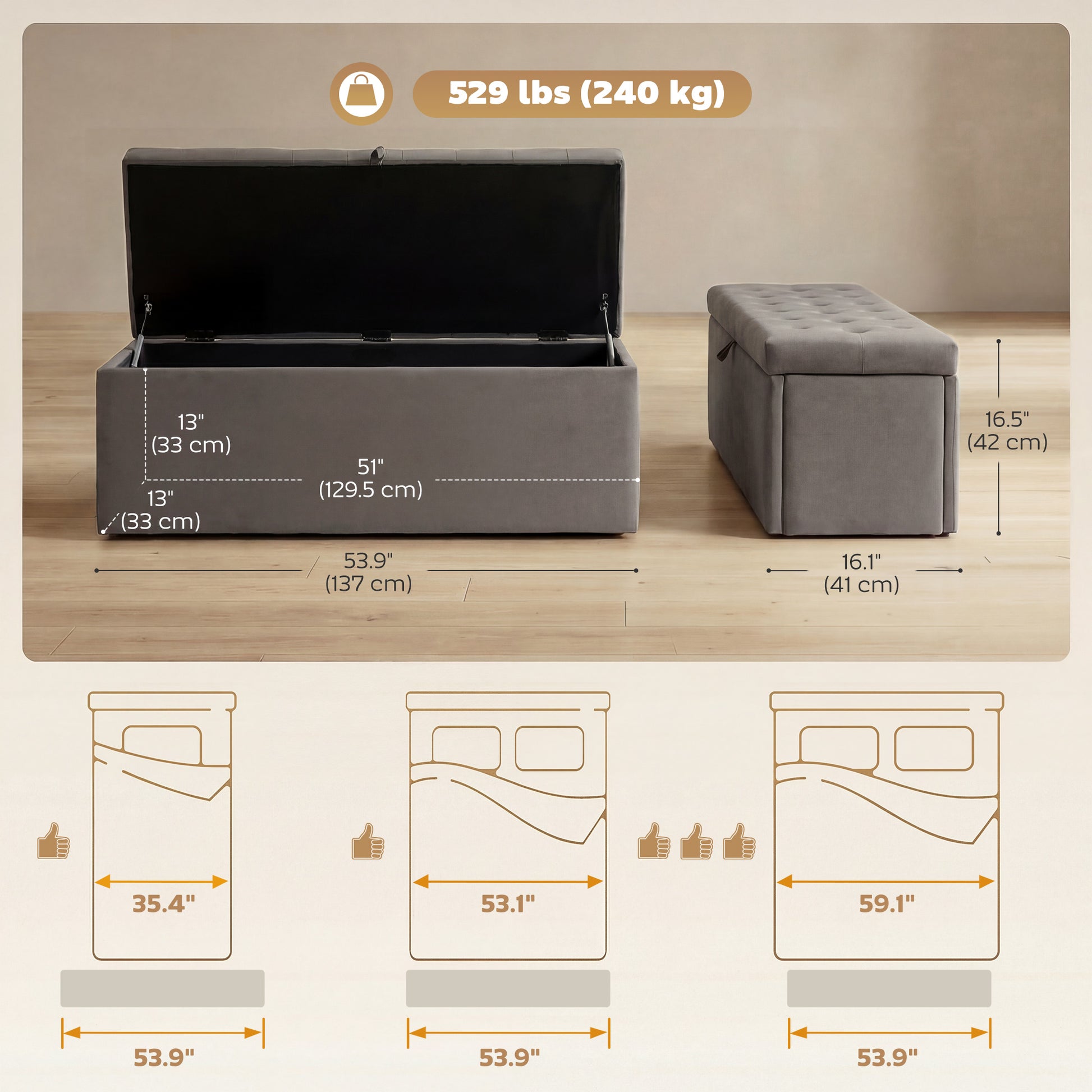 Storage Ottoman Velvet Grey 54"-DECOROLALA