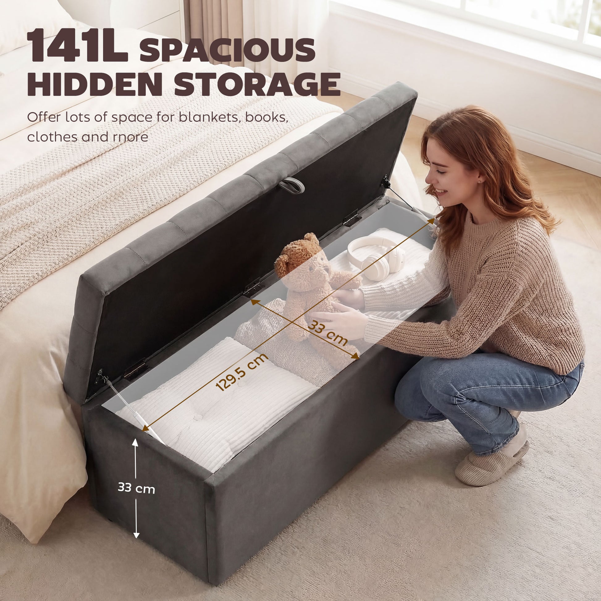 Storage Ottoman Velvet Grey 54"-DECOROLALA