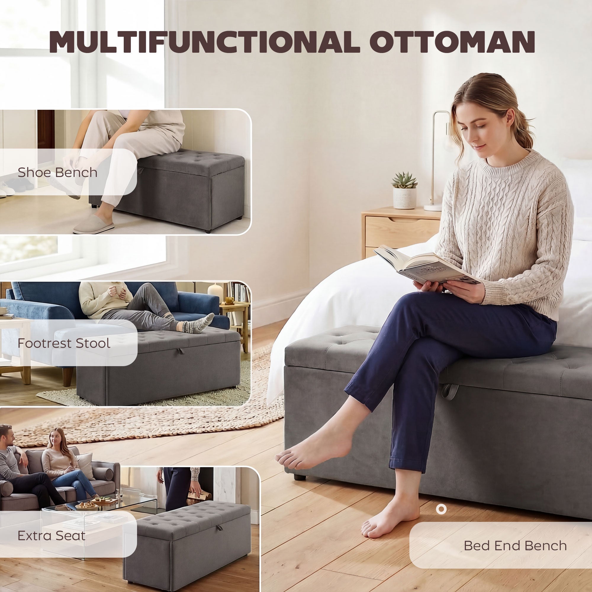 Storage Ottoman Velvet Grey 54"-DECOROLALA