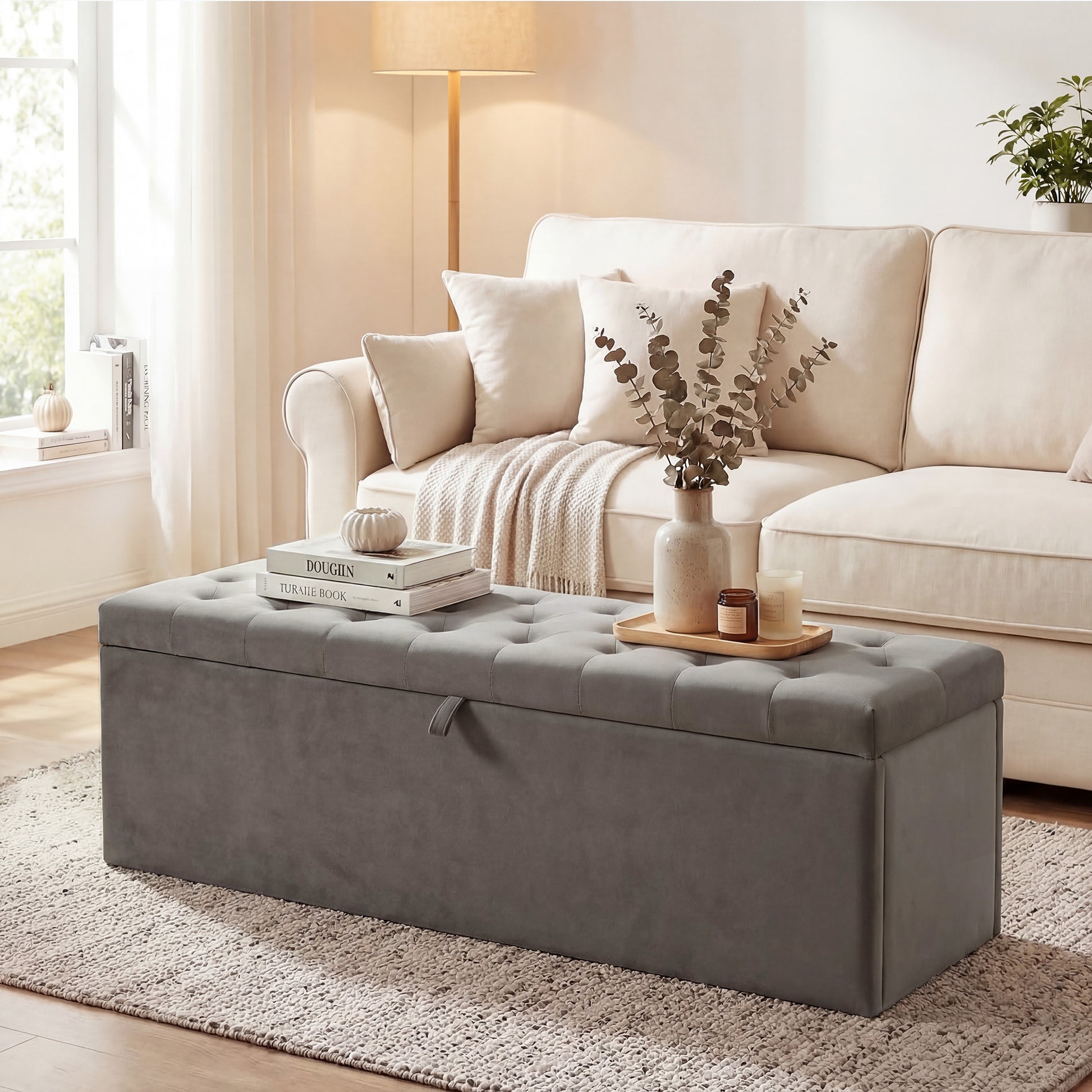 Storage Ottoman Velvet Grey 54"-DECOROLALA