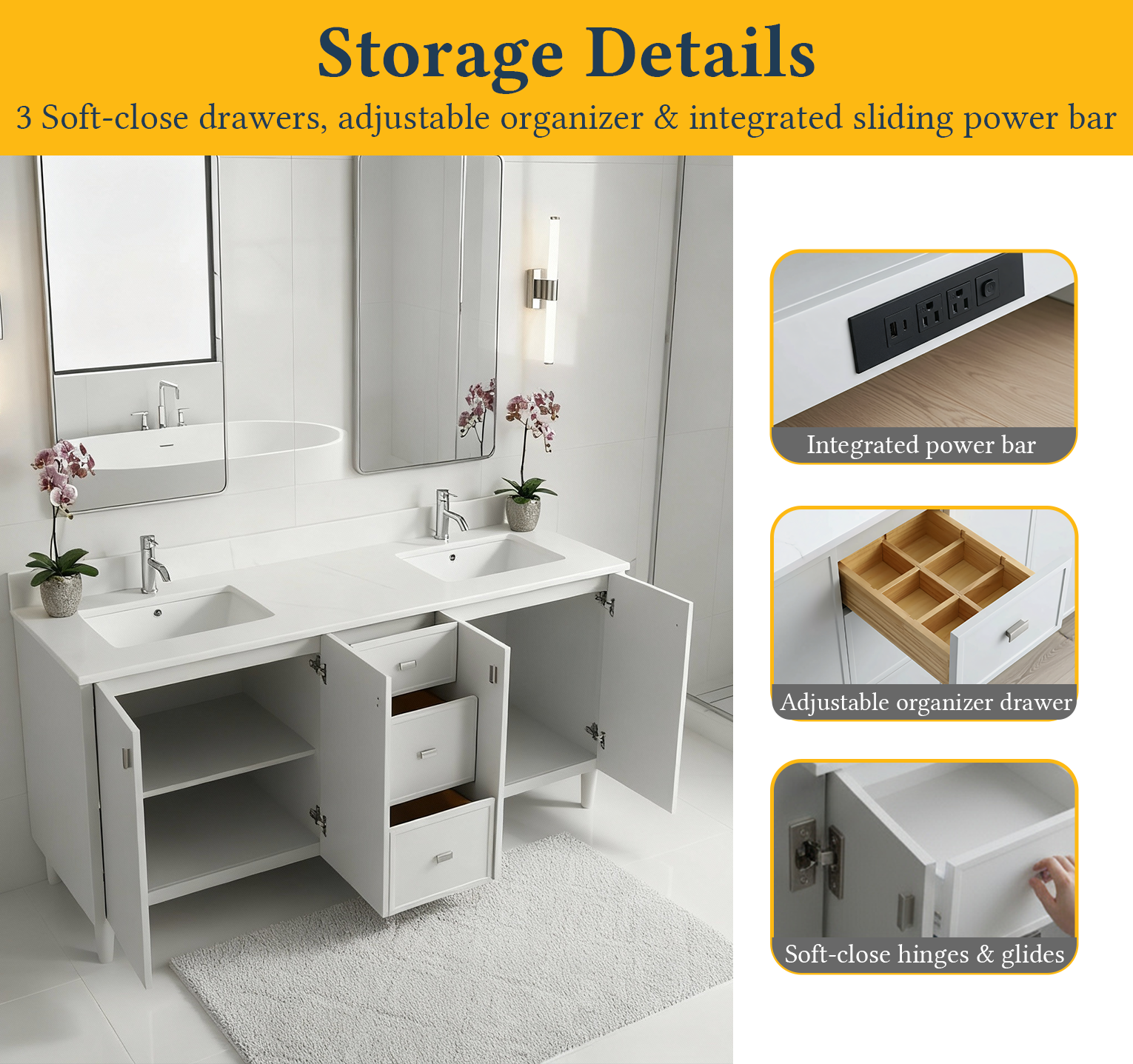 72" Hampton Grey Double Sink Freestanding Vanity with Pure White Quartz Countertop