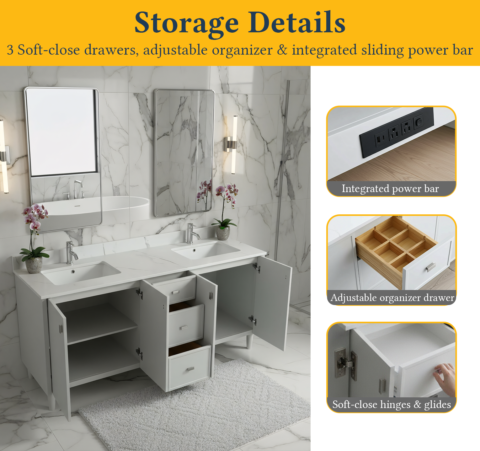 72" Hampton Grey Double Sink Freestanding Vanity with Engineered Calcutta Marble