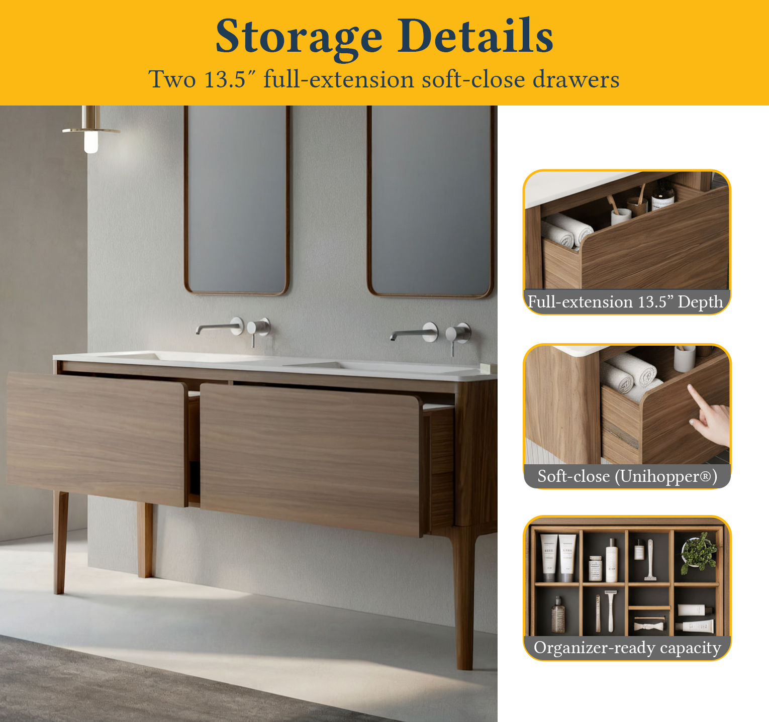 72" Walnut Wall Mount Double Sink Bathroom Vanity with Matte White Solid Surface Countertop