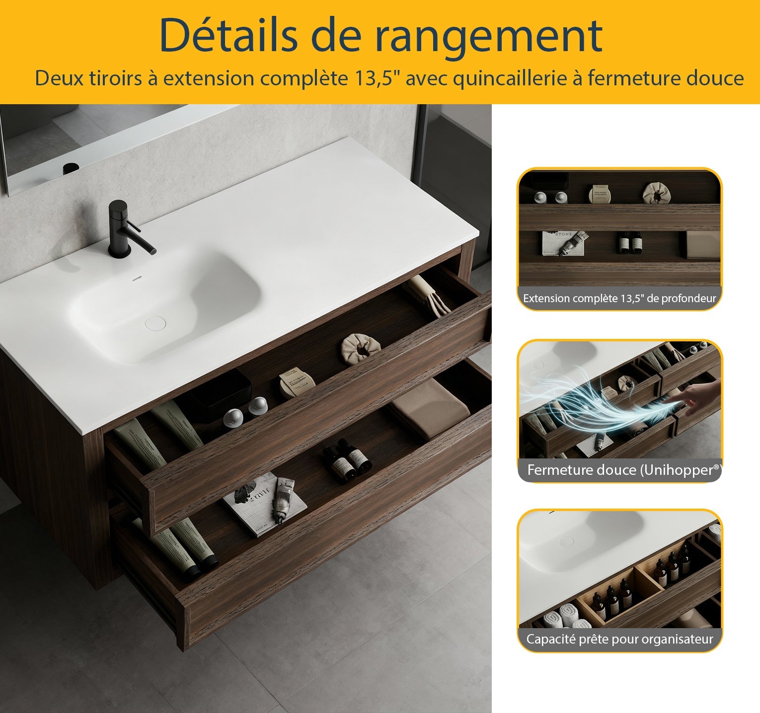 48" Smoked Oak Freestanding Single Sink Bathroom Vanity with White Solid Surface Countertop
